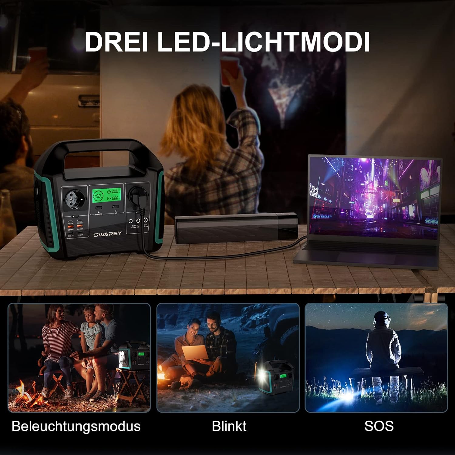 SWAREY S1000 LED light modes: illumination, blink, and SOS