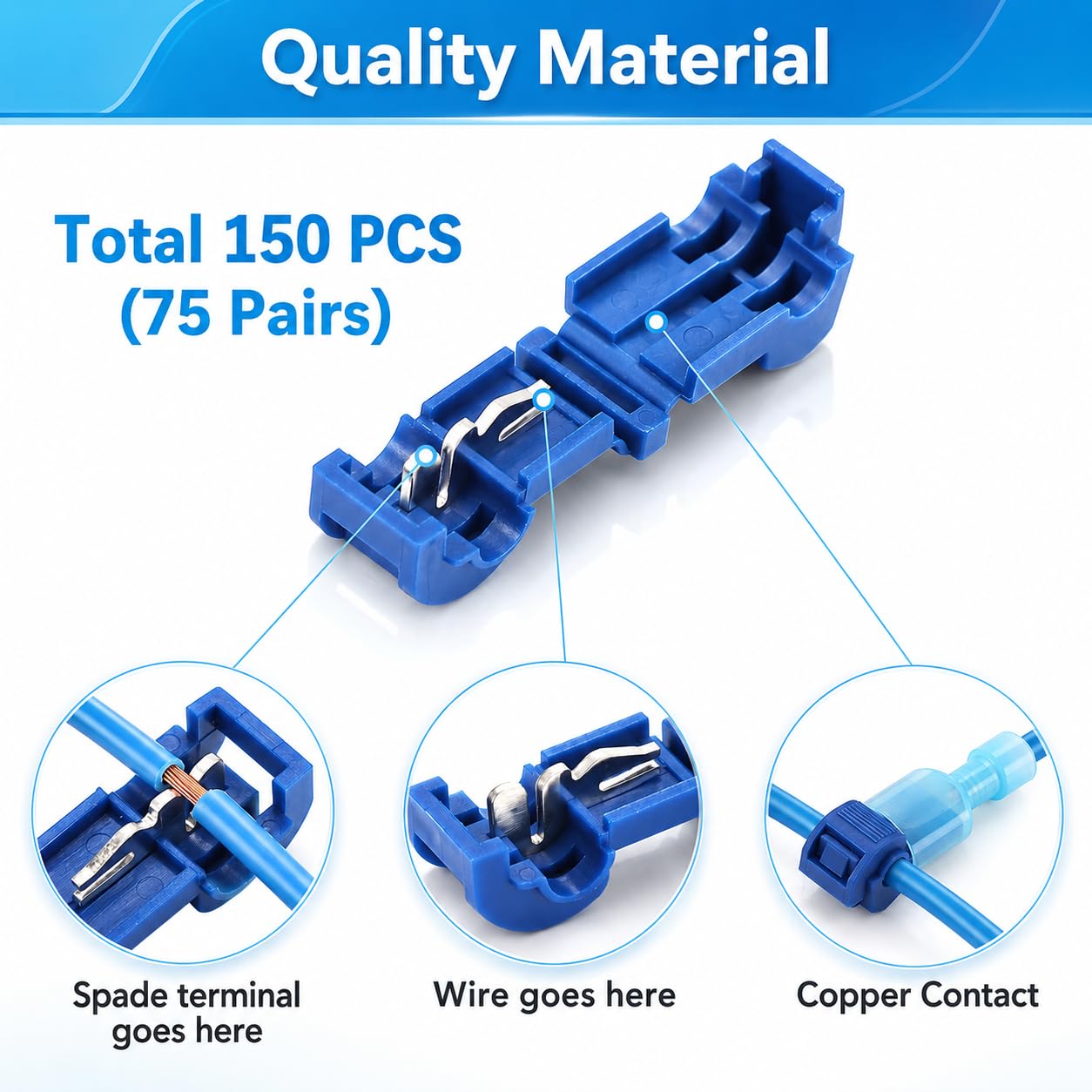 150PCS T-Tap Quick Splice Connectors, 16-14AWG | Male Female Blue Self-Stripping Nylon Insulated Disconnects 75 Pairs