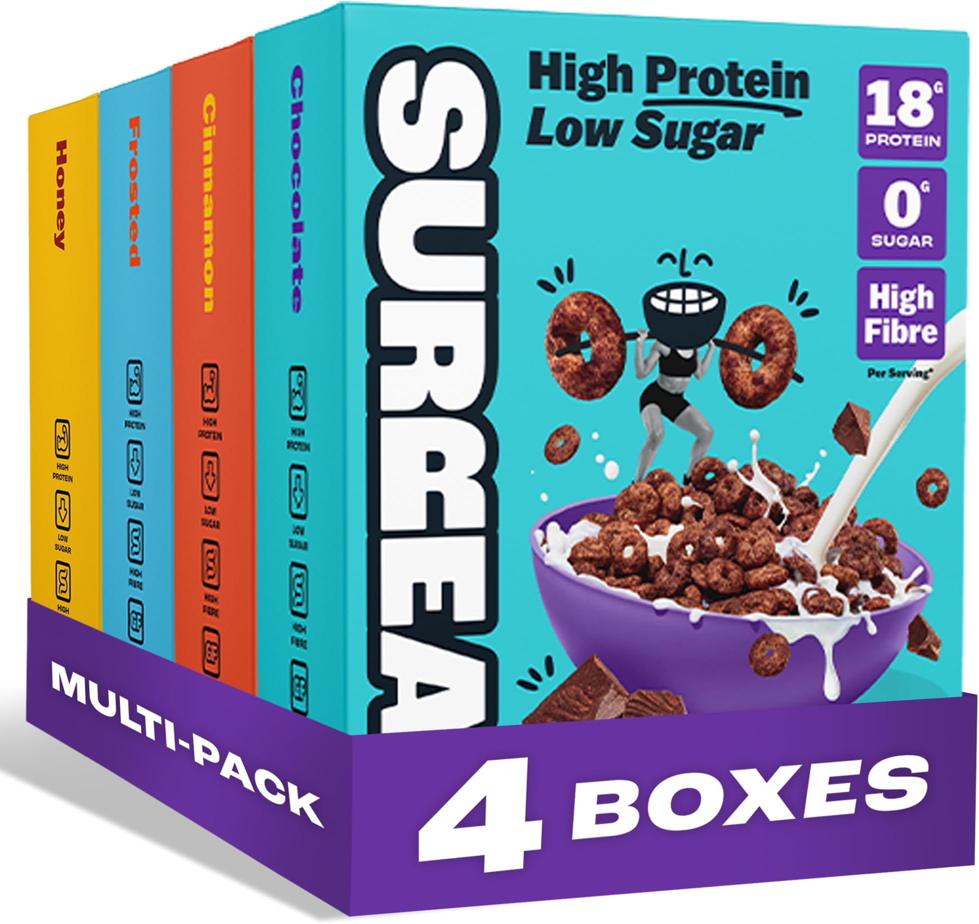 New Flavour Pack - High Protein Cereal – Zero Sugar – Healthy Plant Based Cereal - High in Fibre - Low Carb – Gluten Free Vegan 17g-18g of Protein - 240g x 4 Pack (1x CO, 1x CI, 1x FR, 1x HC)