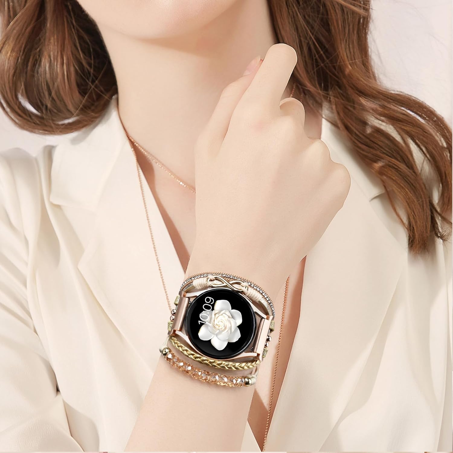 Boho Leather Bracelet for Samsung Galaxy Watch 8/7/6/5/4 Band 40 44mm Women, 20mm Cute Beaded Multilayer Strap for Galaxy Watch 8 Classic 6 4 Classic 43mm 47mm 42mm 46mm/Watch 5 Pro 45mm /Active2 - Image 2