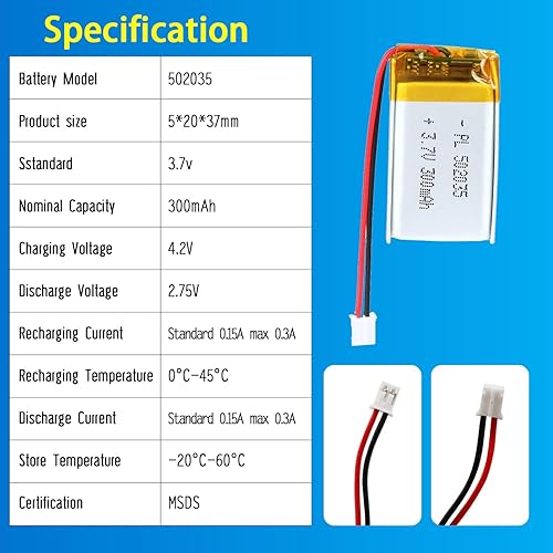 Miniatura 4 de 502035 3.7V Lipo Batería 300mAh 502035 Batería recargable de polímero de litio con conector JST PH2.0.000 in para dispositivo electrónico