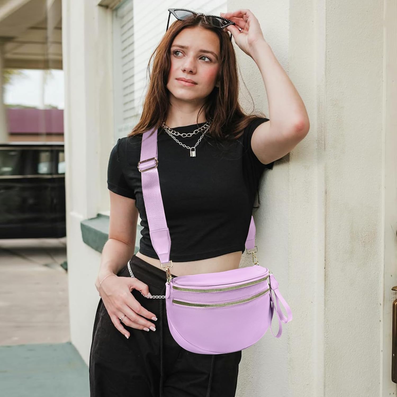 Nylon Crossbody Bags Bum Bag for Women Large Sling Bag Purse with Adjustable Strap(Purple) - Image 2