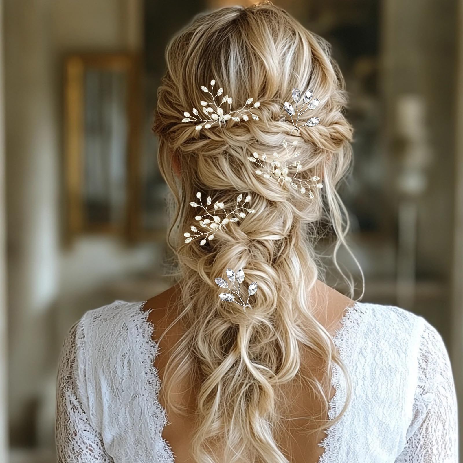 Women\'s Silver Rhinestone Crystal Handmade Bridesmaid Floral Pearl Hair Pins Floral rhinestone hair pins - Dainty rhinestone blossom hair  main image 2