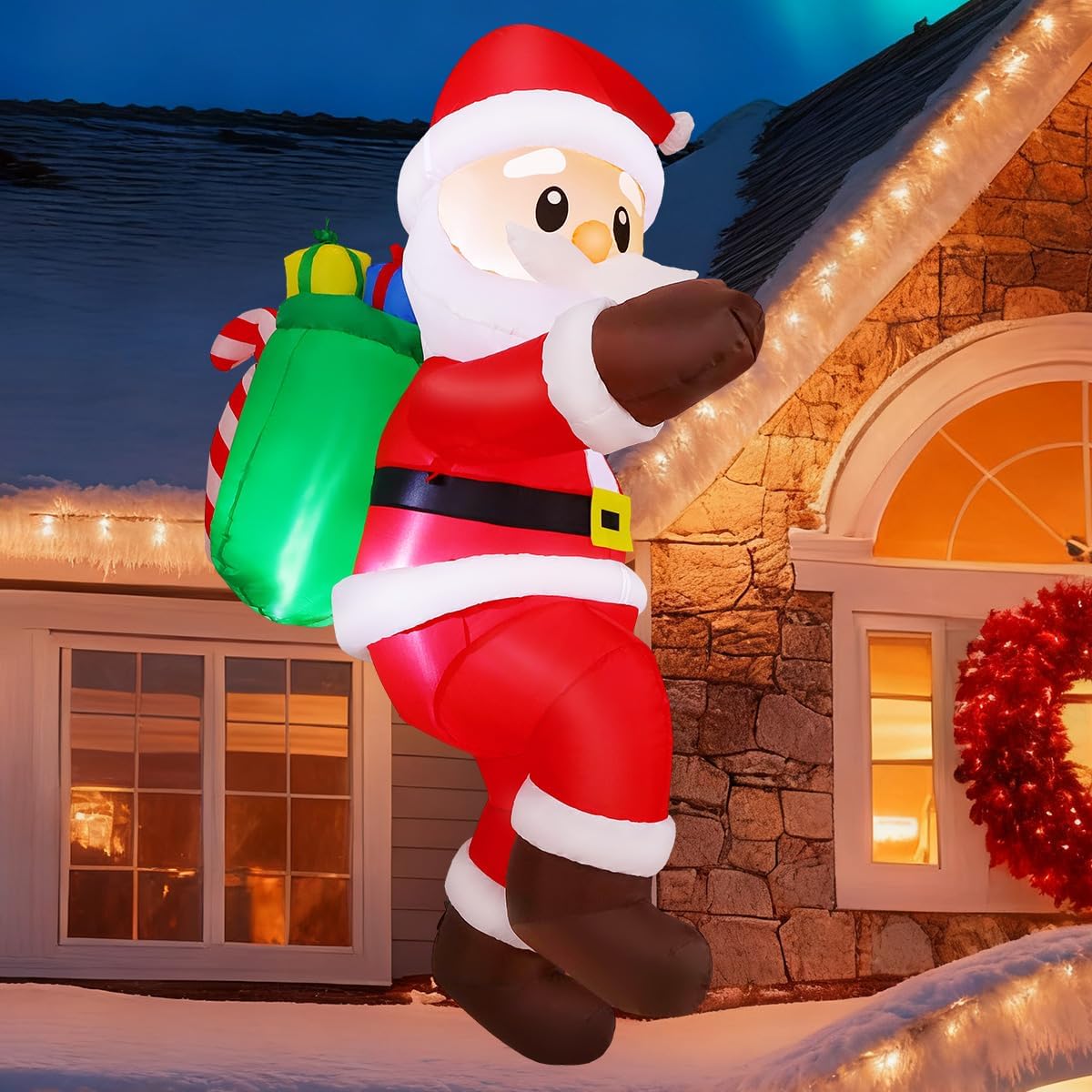 GOOSH 6.2 FT Christmas Inflatables Santa Claus Outdoor Decorations Blow Up Yard Hanging Santa Climbing to the Roof with Presents Bag with Built-in LEDs for Garden Lawn Indoor Party Decor