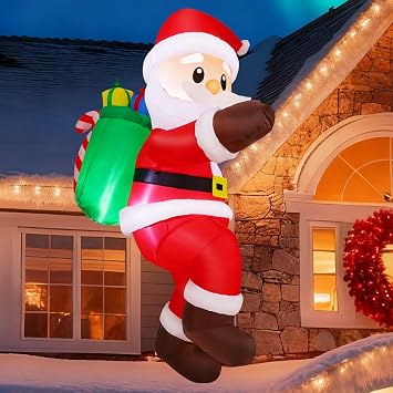 GOOSH 6.2 FT Christmas Inflatables Santa Claus Outdoor Decorations Blow Up Yard Hanging Santa Climbing to the Roof with Presents Bag with Built-in LEDs for Garden Lawn Indoor Party Decor