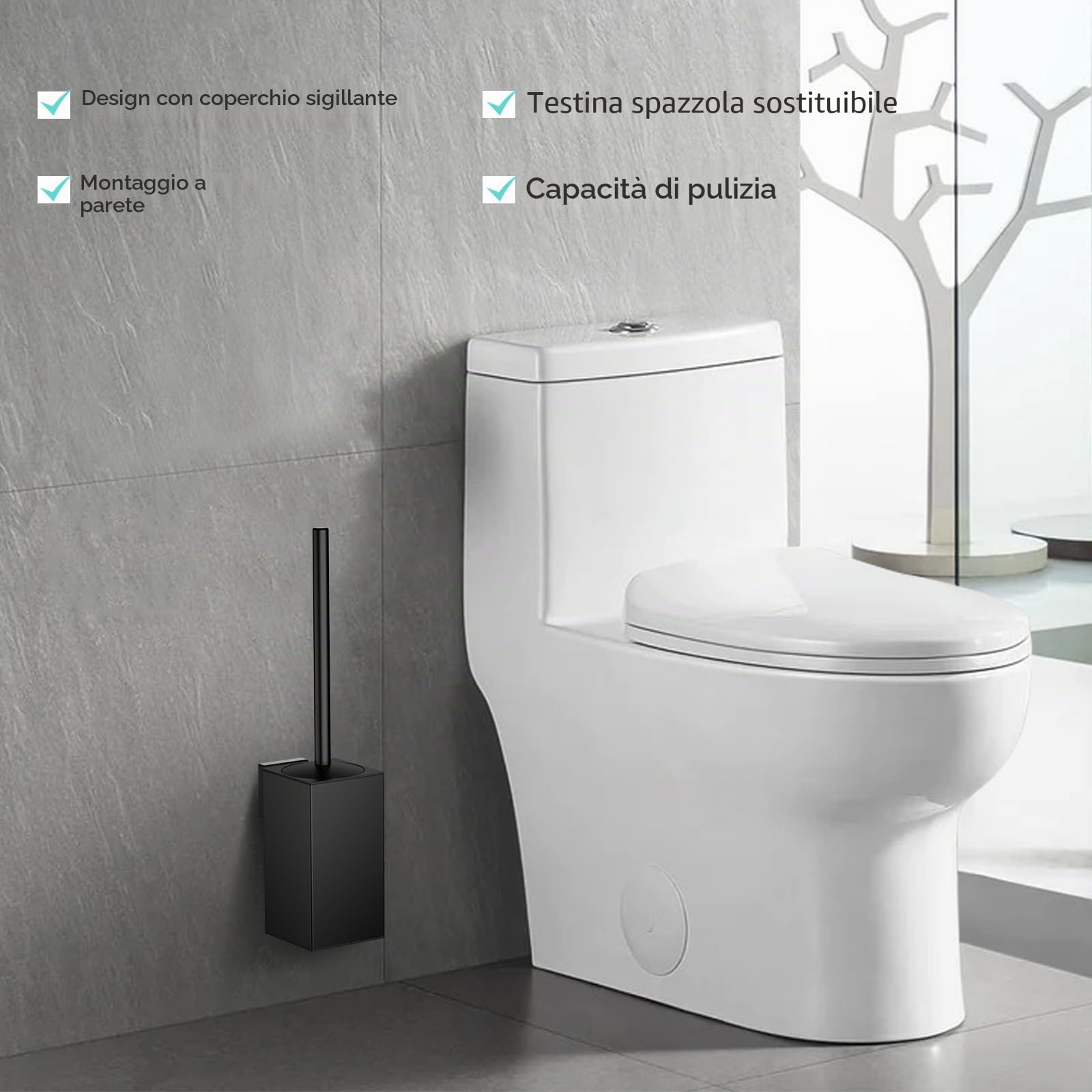Scopino per WC con montaggio a parete, scopino in silicone e supporto, scopino quadrato in acciaio inox 304, con 2 testine (quadrate nero)