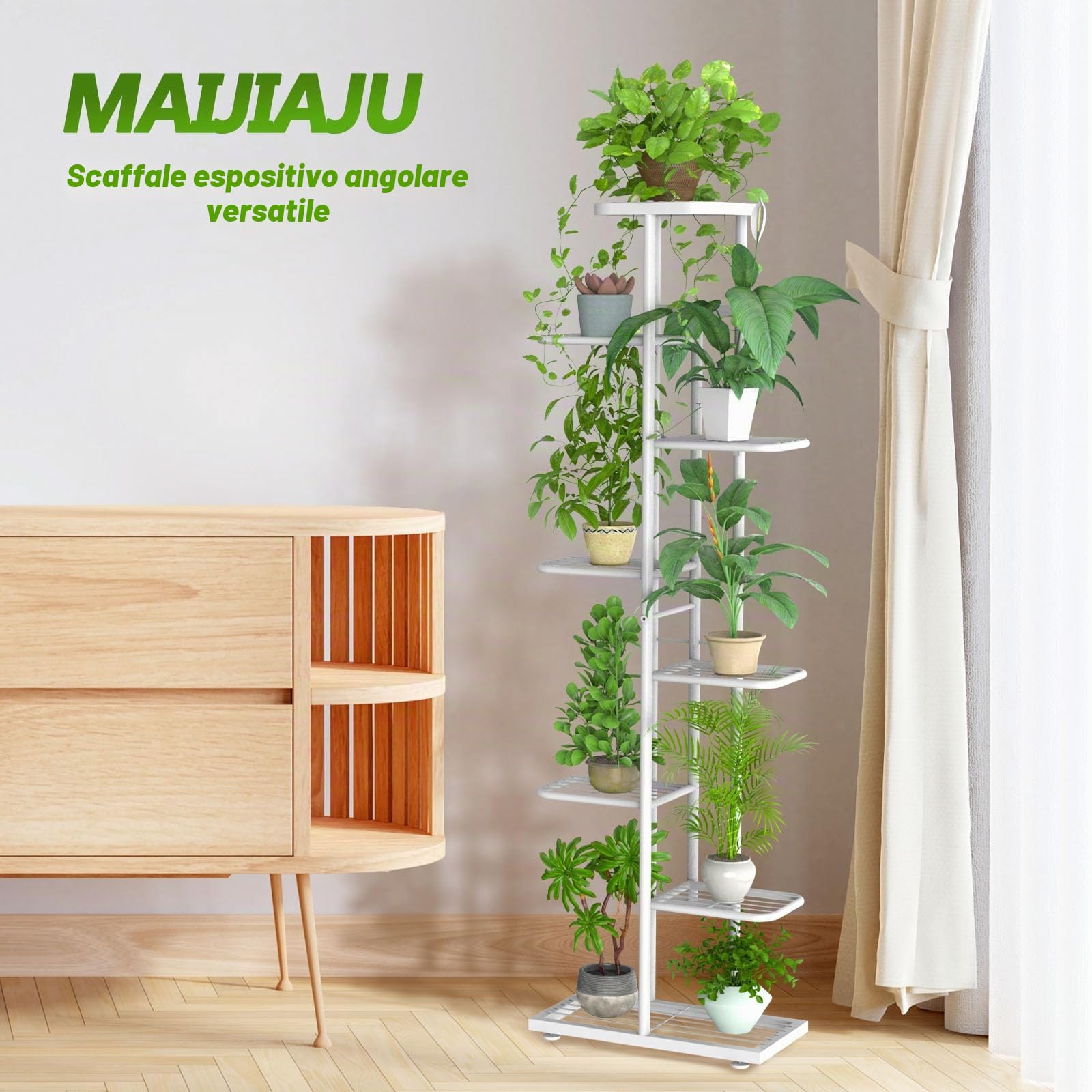 8 Livelli Porta Piante da Interno Esterno con Attrezzi da Giardino e Guanti, 141cm Supporto per Piante Fioriera in Metallo Scaffale Angolare Piedistallo per Piante Vasi da Balcone, Bianco