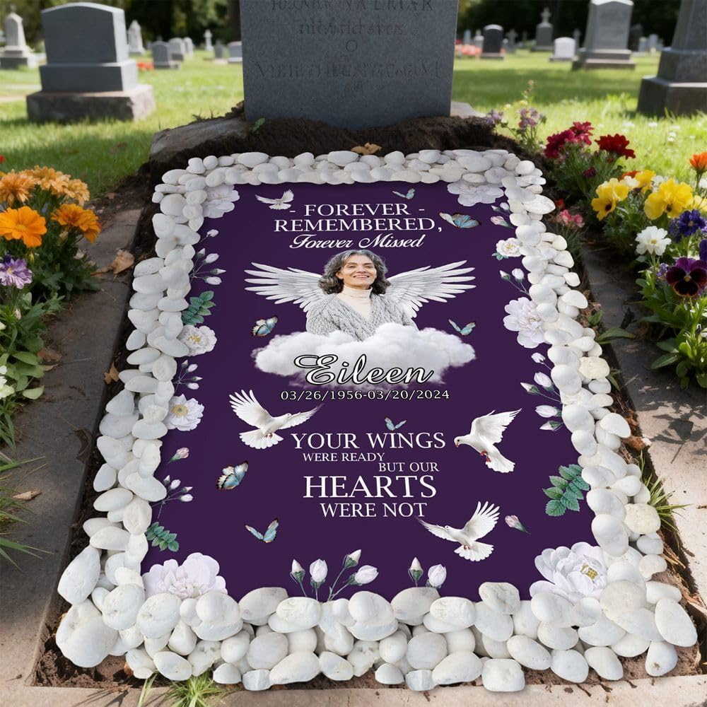 Personalized Memorial Grave Blankets Cover Custom Photo Name Date Waterproof Flowers Funeral Blanket Cover for Your Loved One Cemetery Decor Forever Remembered Forever Missed 2x5 Ft Purple