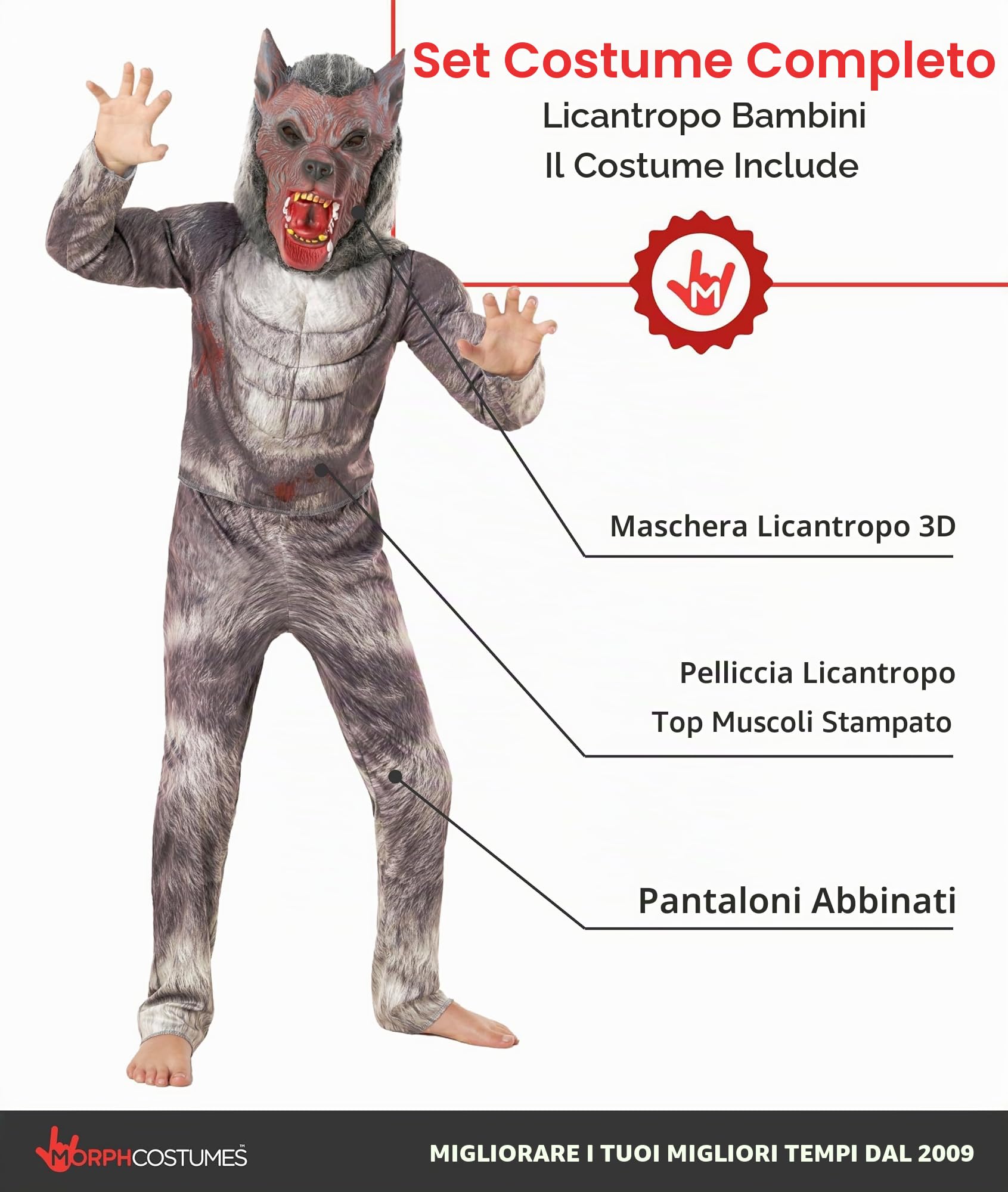 Morph Costume Lupo Mannaro Bambino - Vestito Halloween per Bambina e Bambino, Abito da Lupo Mannaro per Feste e Party, M