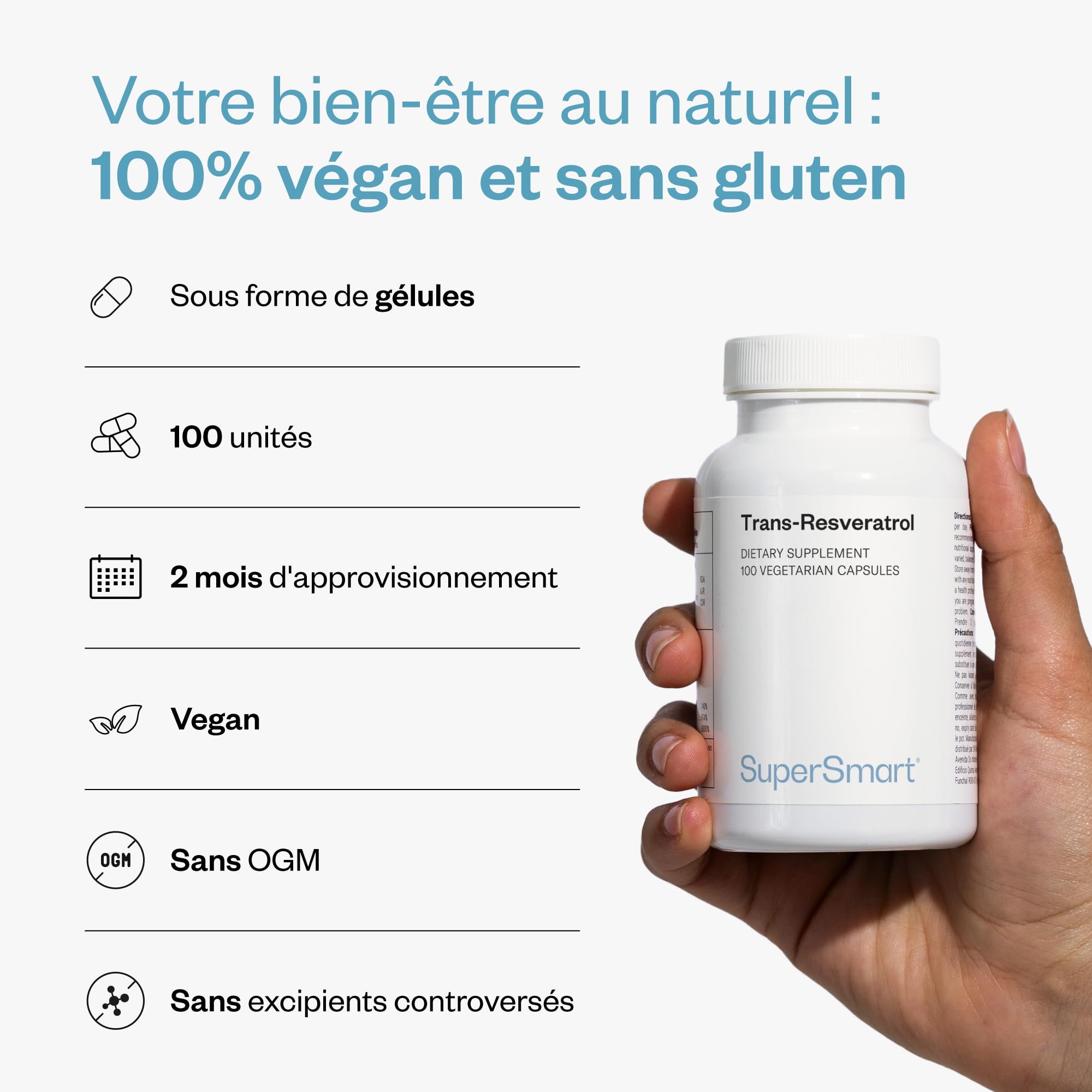 Trans-Resveratrol - Extrait de la Racine de Hu Zhang - Contribue à Lutter Contre le Stress Oxydatif et les Inflammations - Vegan - Sans Gluten - Supersmart