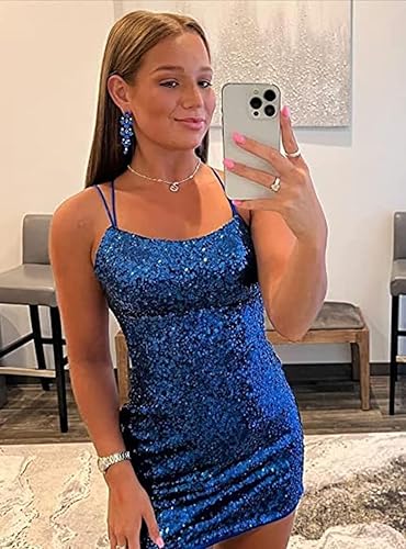 Miniatura 5 de Vestidos cortos de lentejuelas para adolescentes con tirantes delgados brillantes, vestido de graduación, sin espalda, mini vestidos de cóctel