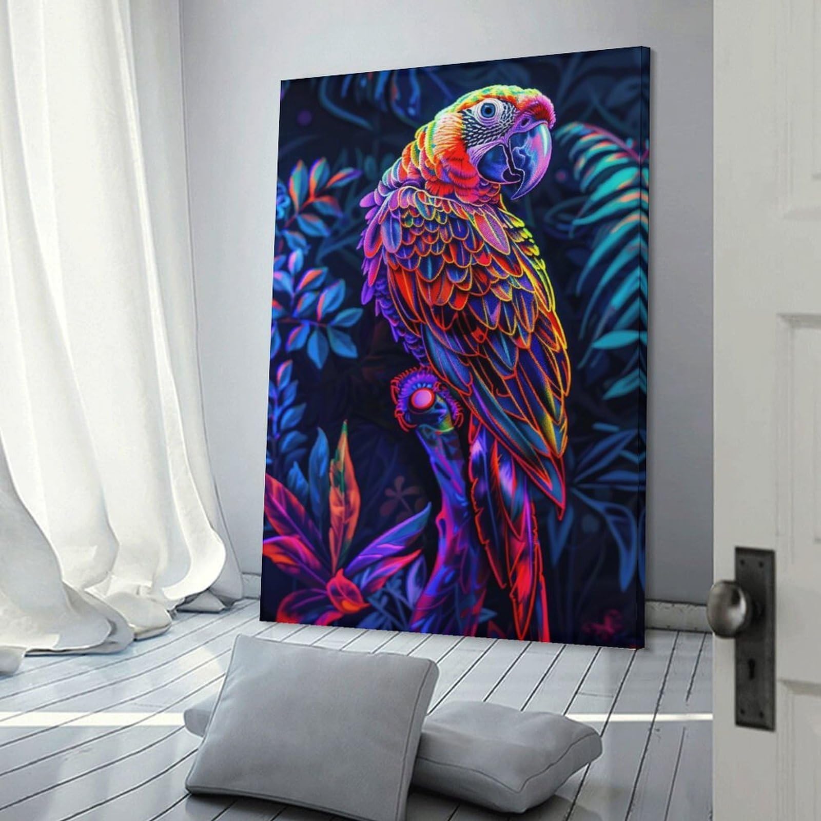 Junmoney Frame-Style-2 Neon Parrot In Jungle Wall Picture Print, 16X24inch(40X60cm), For Gallery Wall Decor And Room Displays, A Versatile Canvas Print For Layering
