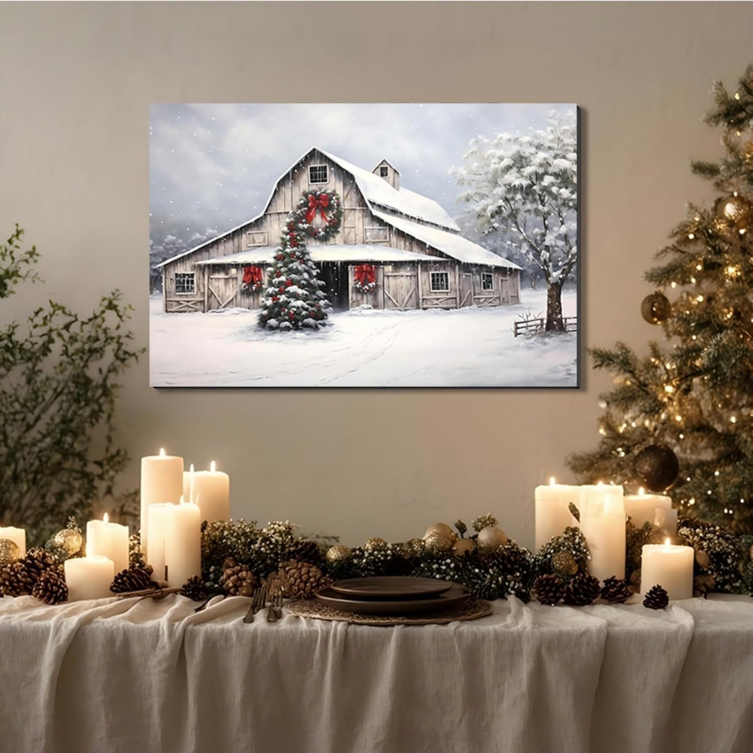 Framed Christmas Wall Art 24x36inch, Farmhouse Barn Pictures Wall Decor Winter snow Scene Canvas Painting Print Home Artwork Decorations for Bathroom Living Room Bedroom