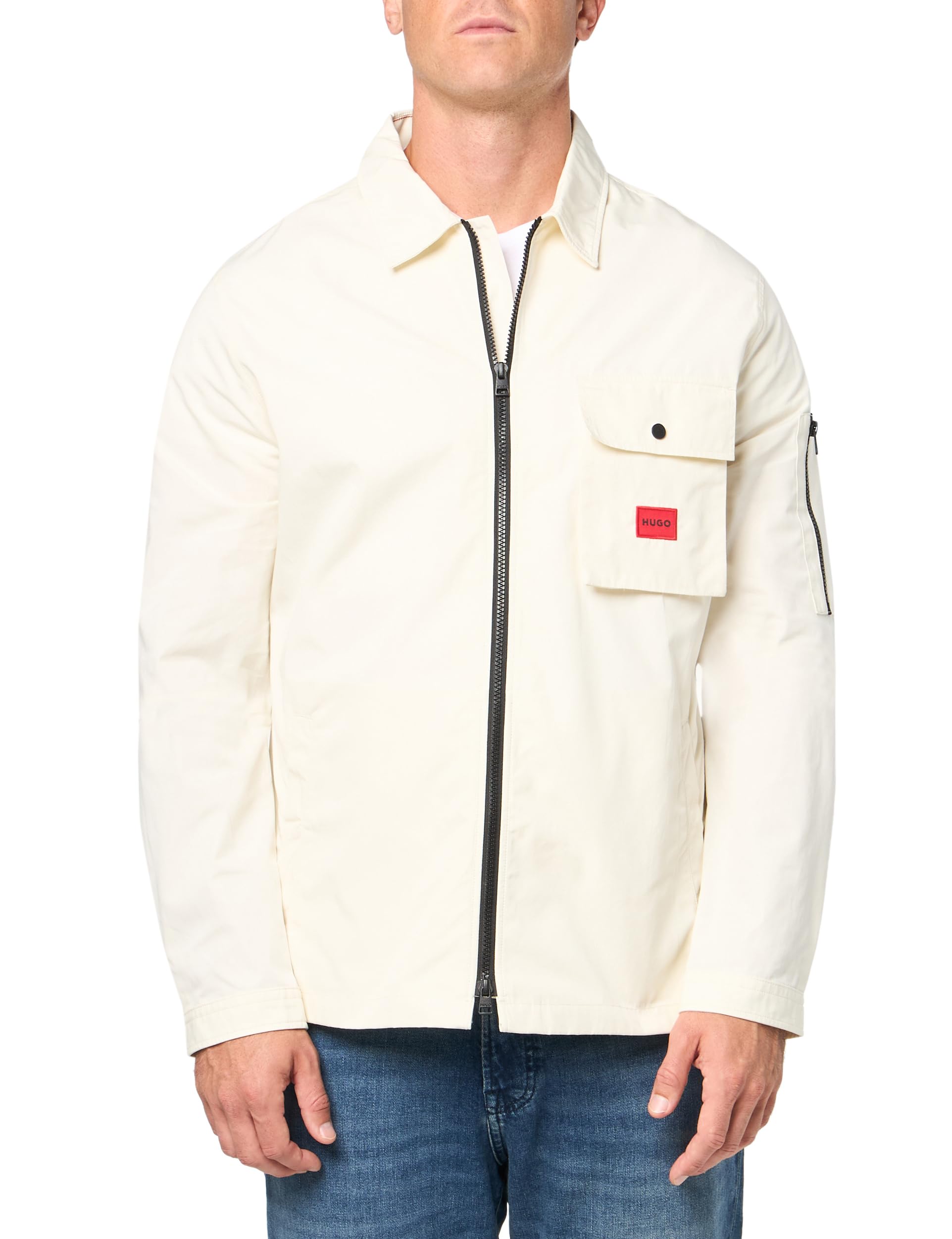 HUGO Men's Cotton Mix Canvas Zip Up Overshirt, Whisper Cream, XL