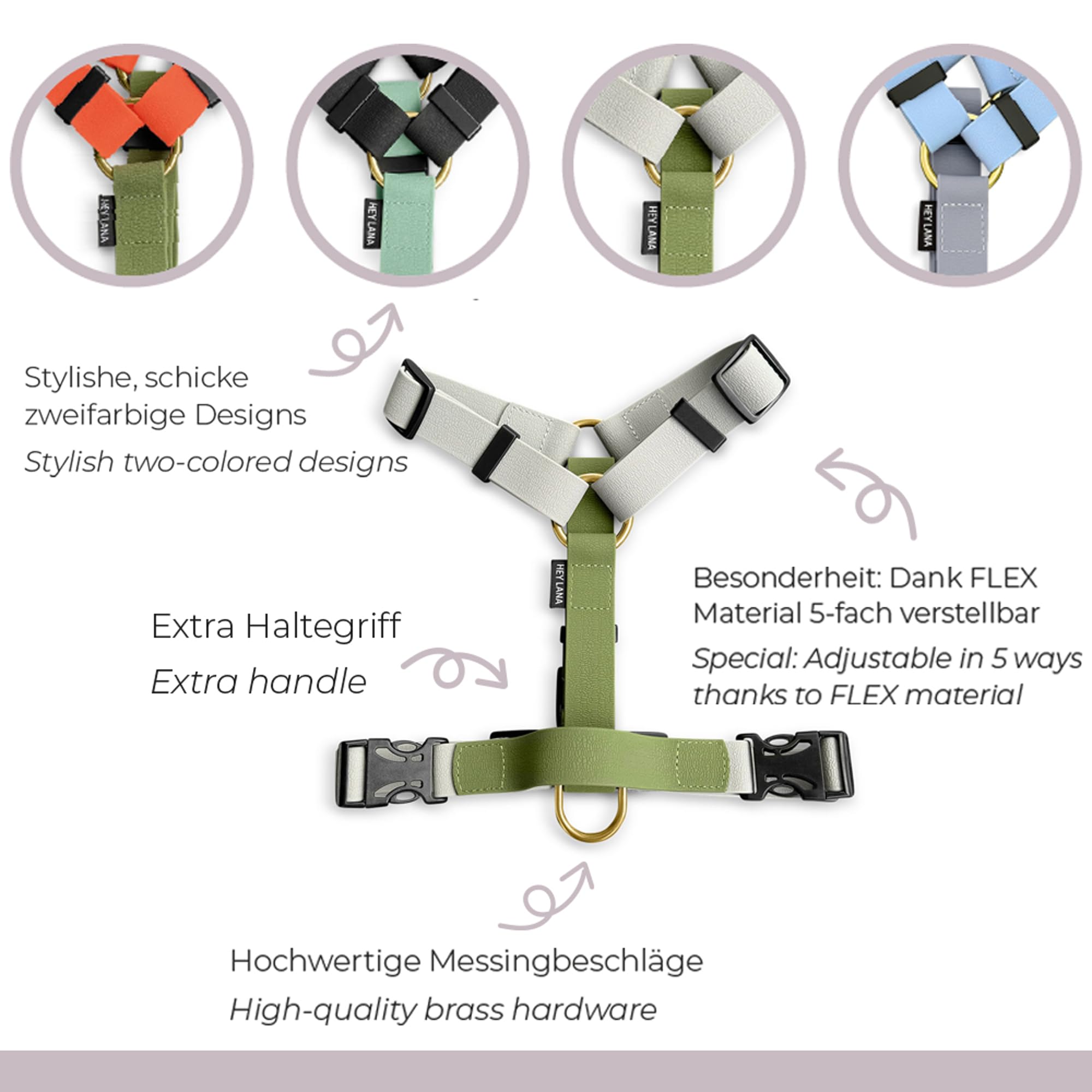 arnés para Perros, Hecho a Mano, 5 Puntos Ajustable, Impermeable, Made in Germany, para Perros pequeños a Muy Grandes, arnés de Paseo, Pecho y Entrenamiento (L/XL, Gris/Verde)