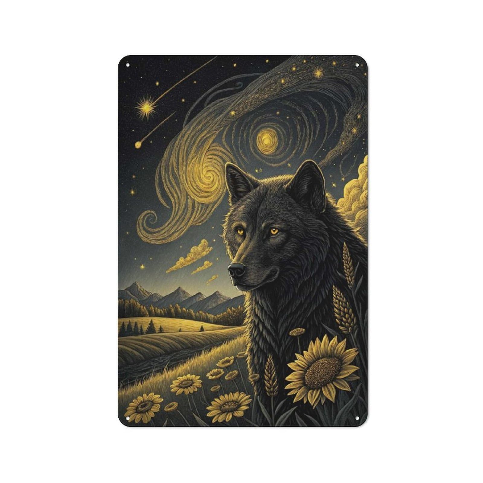 Junmoney Style-19 Wolf Under A Starry Sky Rustic Tin Wall Plaque 30X20cm For Hobby Room Or Studio, A Christmas Gift For People Styling Hobby Room And Studio