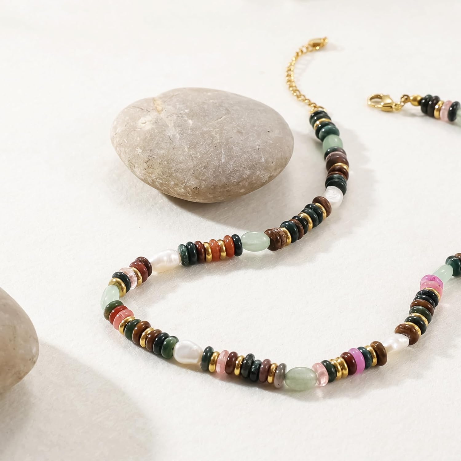 Beaded Gemstone Necklace for Women, Colorful Boho Bead Choker Necklace Natural Stone Freshwater Pearl Surfer Beach Necklace 14K Gold Plated Summer Handmade Jewelry Gifts
