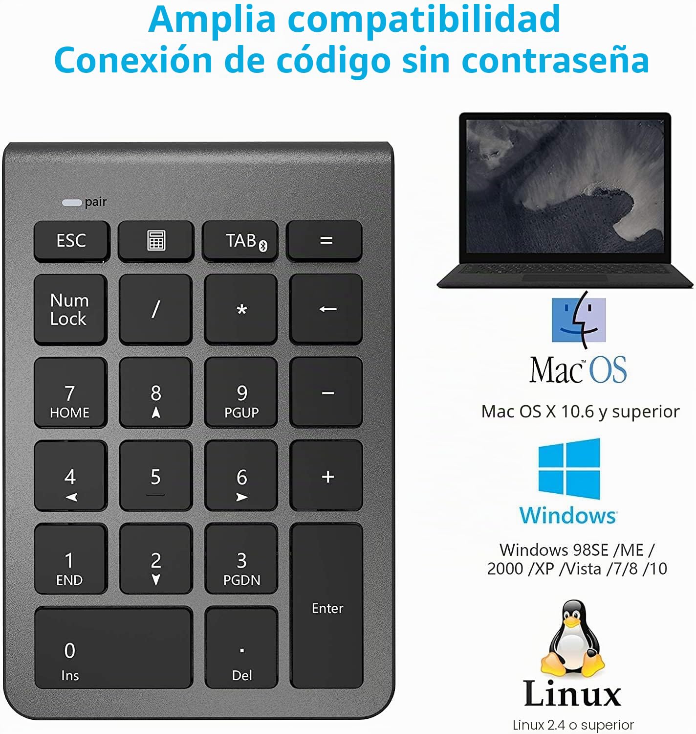 Teclado numérico inalámbrico Bluetooth, Teclado numérico 22 Teclas Bluetooth Extensiones de tecladopara Data Entry de Contabilidad financierapara Laptop, Escritorio, PC, Notebook