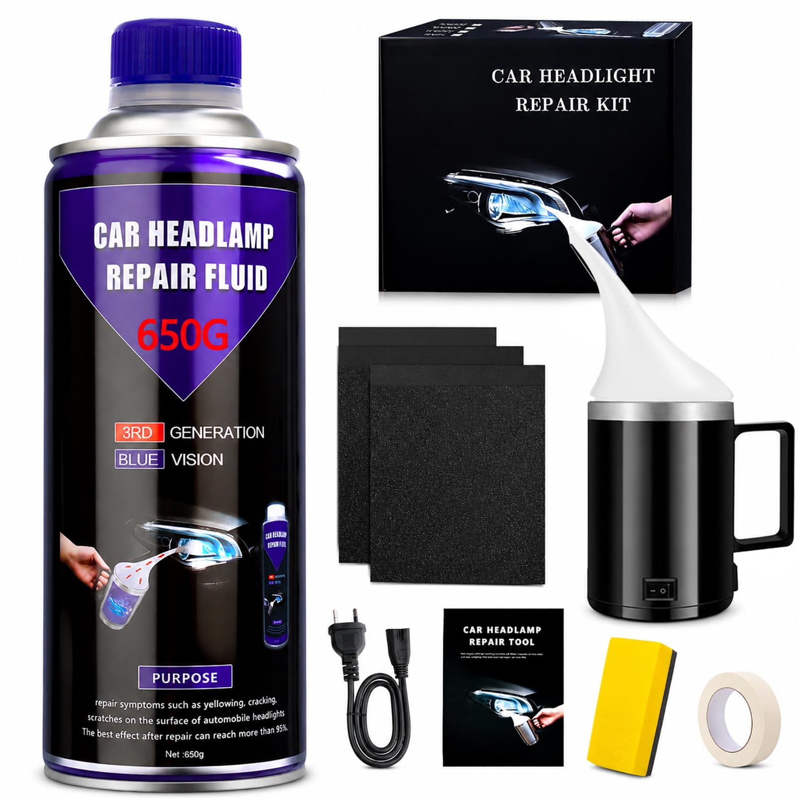 Kit de Renovateur Phare Voiture 650G – Restauration de Phares pour Voiture et Moto avec Polish et Nettoyage, Solution Facile pour Réparer Phares Jaunis, Flous ou Rayés, Entretien Complet Auto et Moto