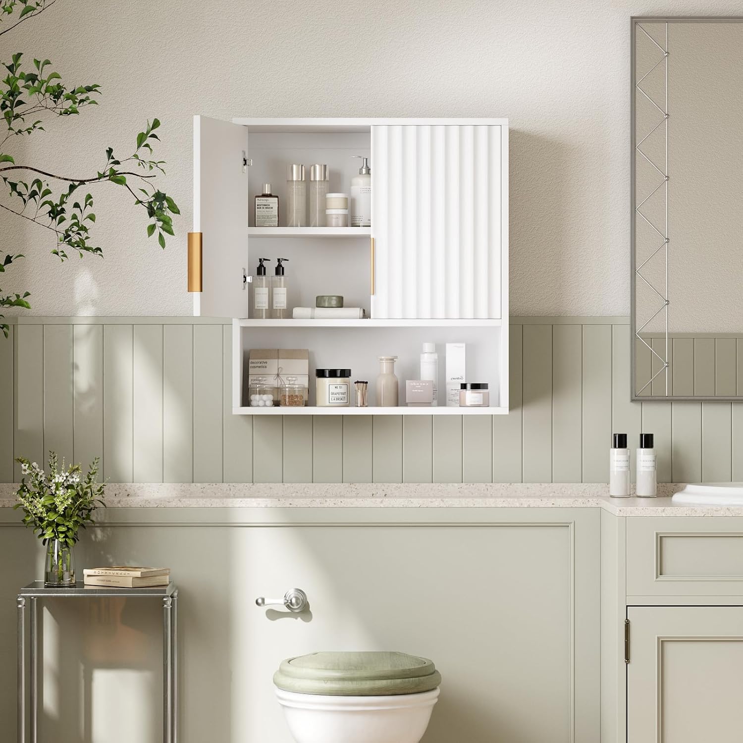 VINGLI White Bathroom Wall Cabinet, Modern Fluted Medicine Cabinet with Gold Handles, Wall Mounted Storage Over Toilet with Adjustable Shelf, Soft Close Hanging Organizer for Kitchen, Laundry Room