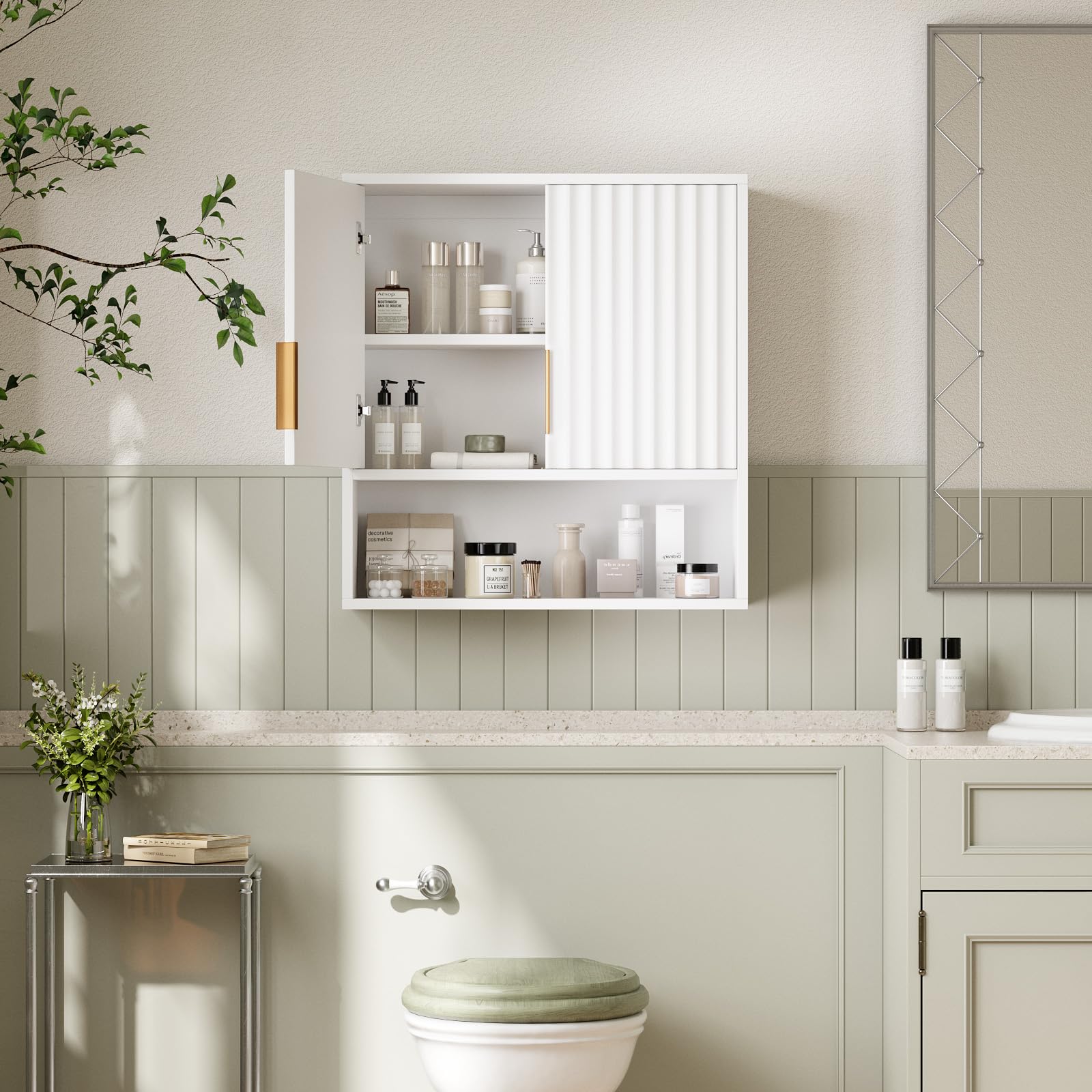 Bonnlo Fluted Bathroom Wall Cabinet, Wooden Wall Mounted Medicine Cabinet