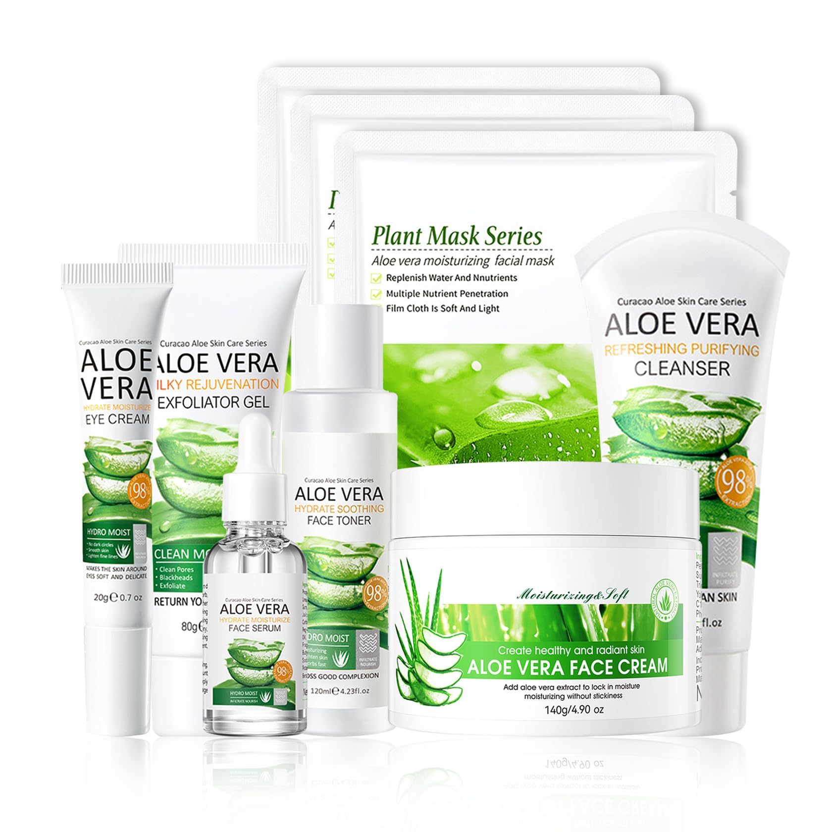 9 Pcs Aloe Vera Skincare Set with Moisturizing Facial Cleanser,Toner,Face Serum, Facial Cream, Eye Cream,Aloe Vera Gel and 3 Hydrating Face Sheet