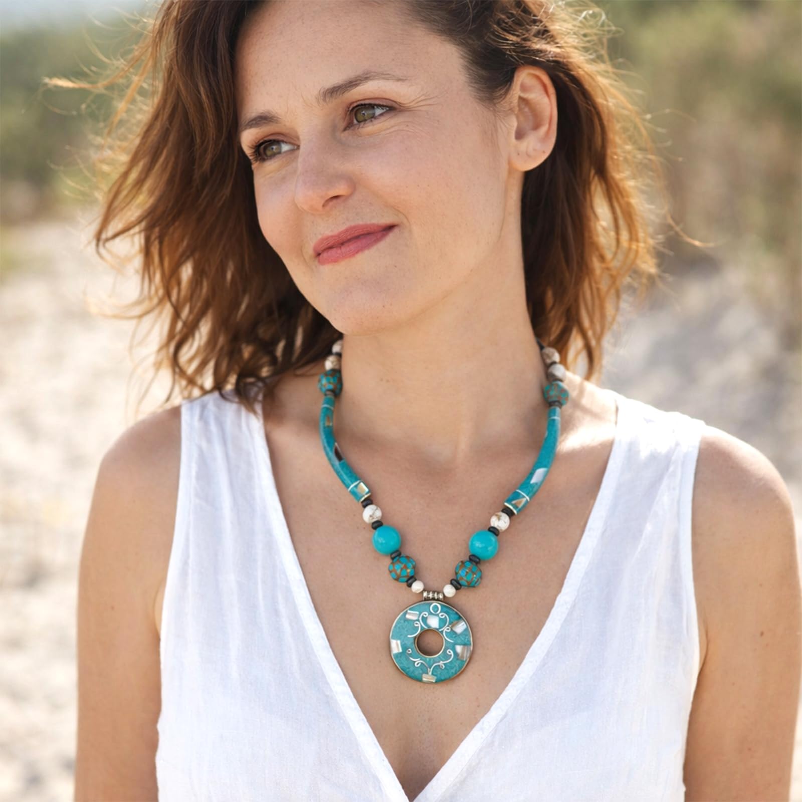 Collana con Pendente Boho Statement Artigianale Turchese Fashion