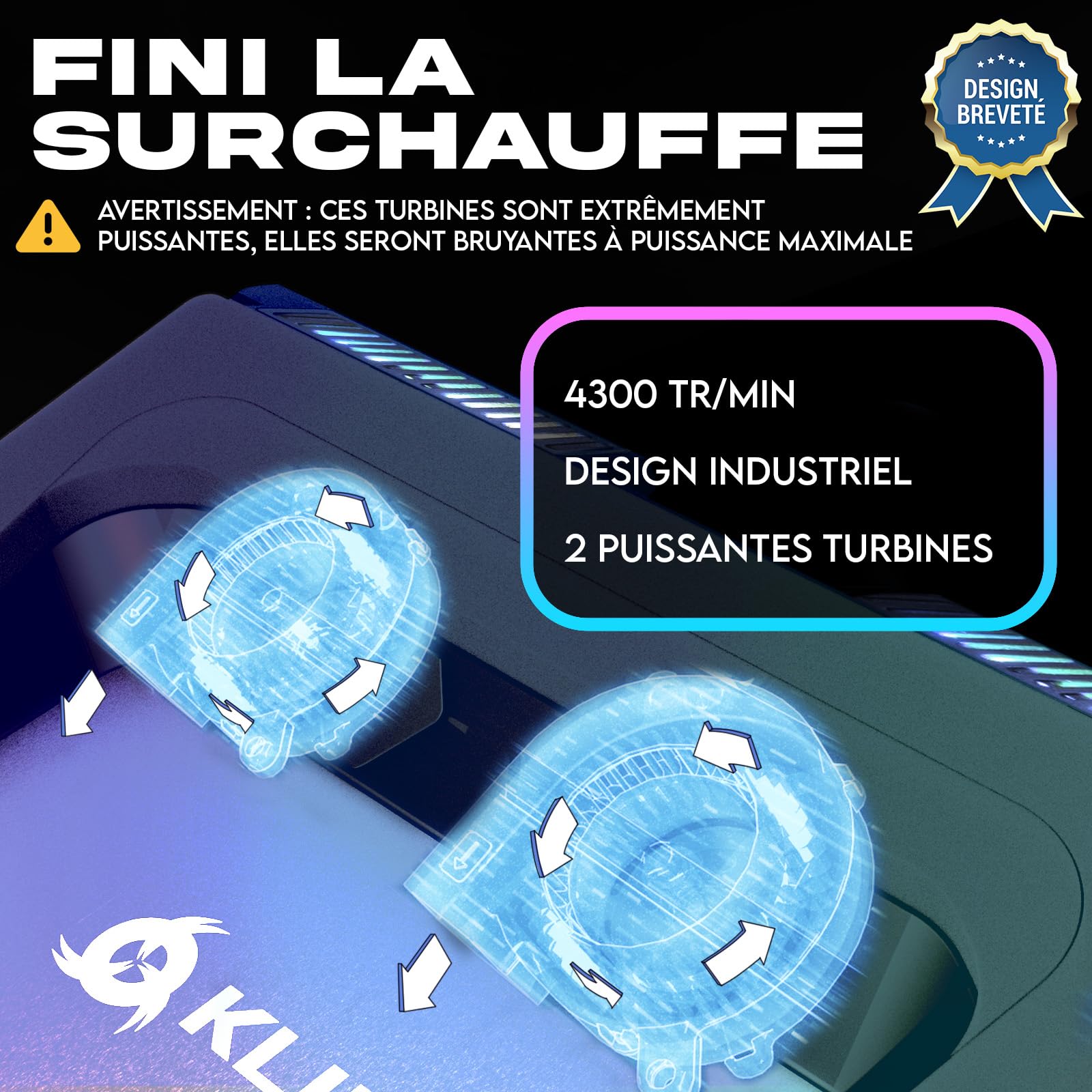 KLIM Everest Support Ordinateur Portable Ventilé Refroidisseur PC Portable Turboventilateur 4300 RPM Mousse Isolante 14-17,3" Noir