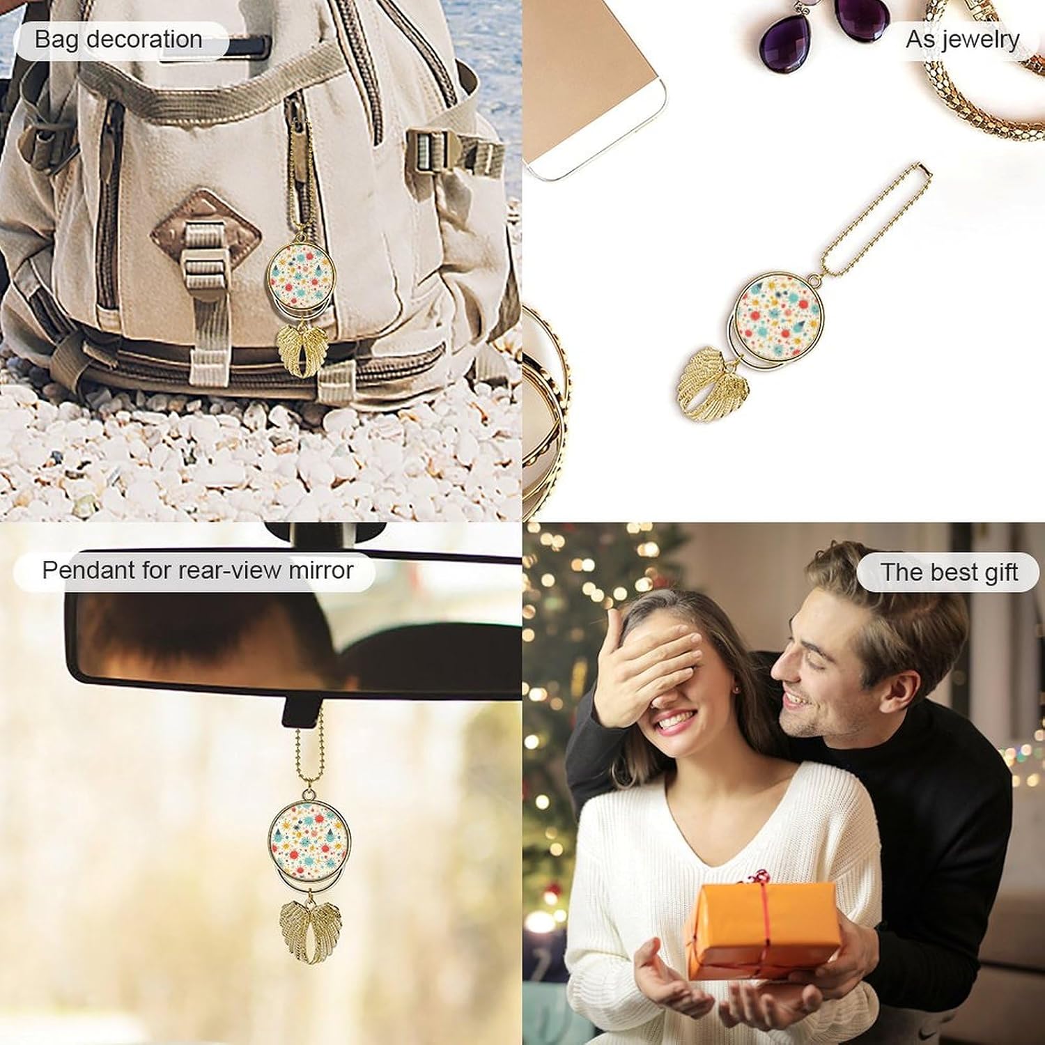 Car Hanging Ornament Rear View Mirror Cars Charms Cute Pattern Car Pendant Cars Interior Decoration View Mirror Hanging Accessories for Window Door Frame Balcony Golden image 5