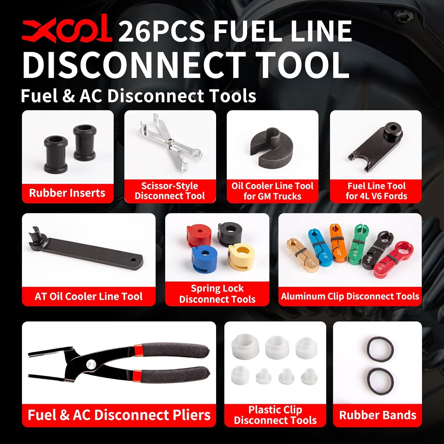 XOOL 26PCS Fuel Line Disconnect Tool Set, Master Quick Disconnect Kit with AC & Fuel Line Pliers, Spring Lock Tools, for Ford GM Chevy Automotive AC Transmission Systems