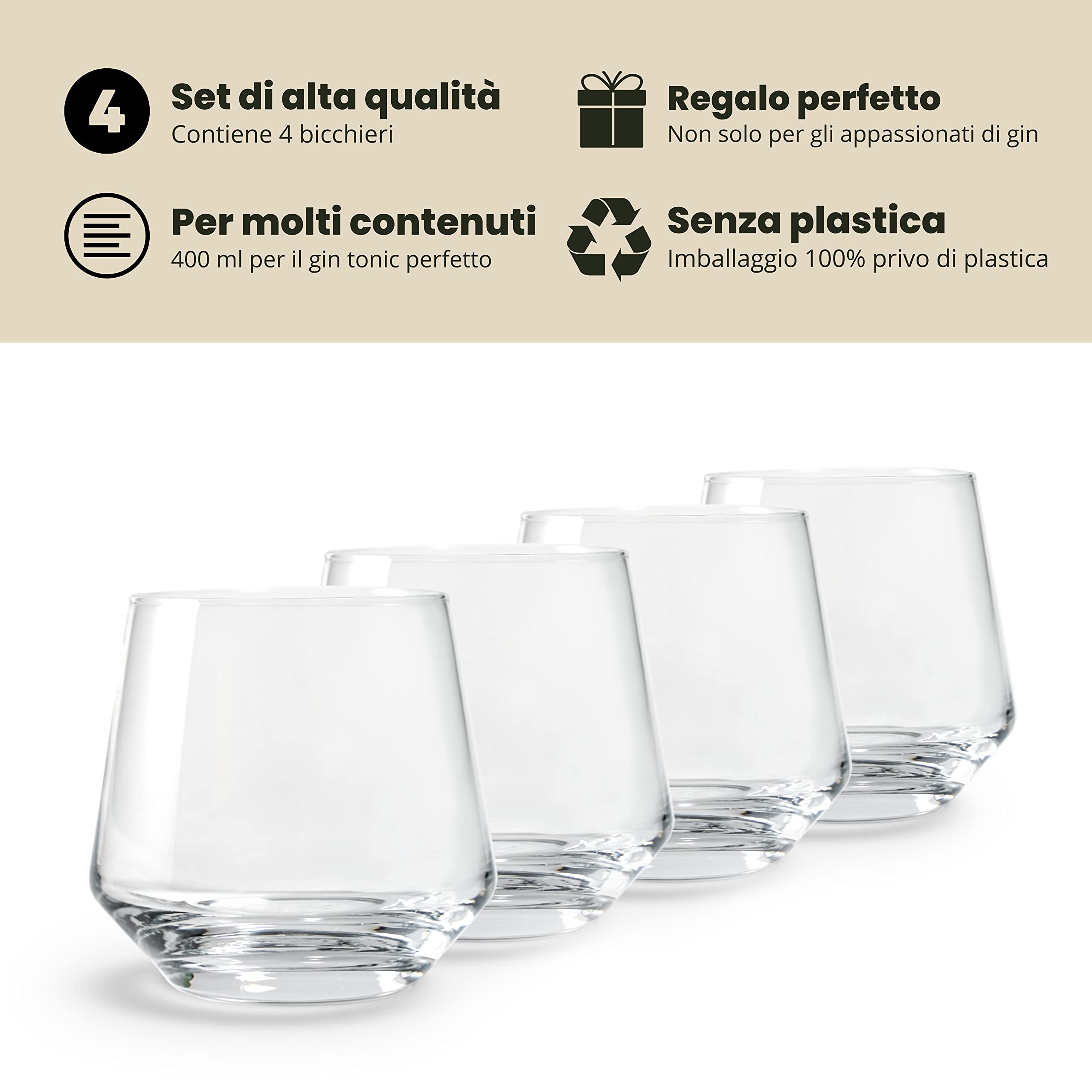 Bicchieri da gin tonic - Set regalo da 4 | 400 ml | Set di bicchieri per Gin Tonic | In scatola regalo con ricette per cocktail | Per cubetti di ghiaccio grandi | Regal per uomini e donne