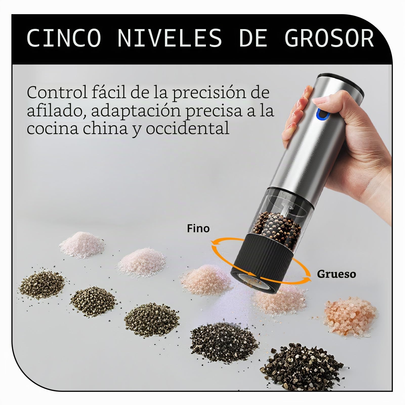 Molinillo eléctrico de sal y pimienta juego molinillo eléctrico especias | USB recargable 80 ml, gran capacidad, 5 grados de molienda ajustables, portátil con mecanismo de cerámica ajustable para