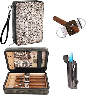 TOIKA Stylish Travel Case Box with Shoulder Strap, Portable Travel Humidor with Cigar Cutter and Lighter for 4 Cigars (White Brown) - Buy now