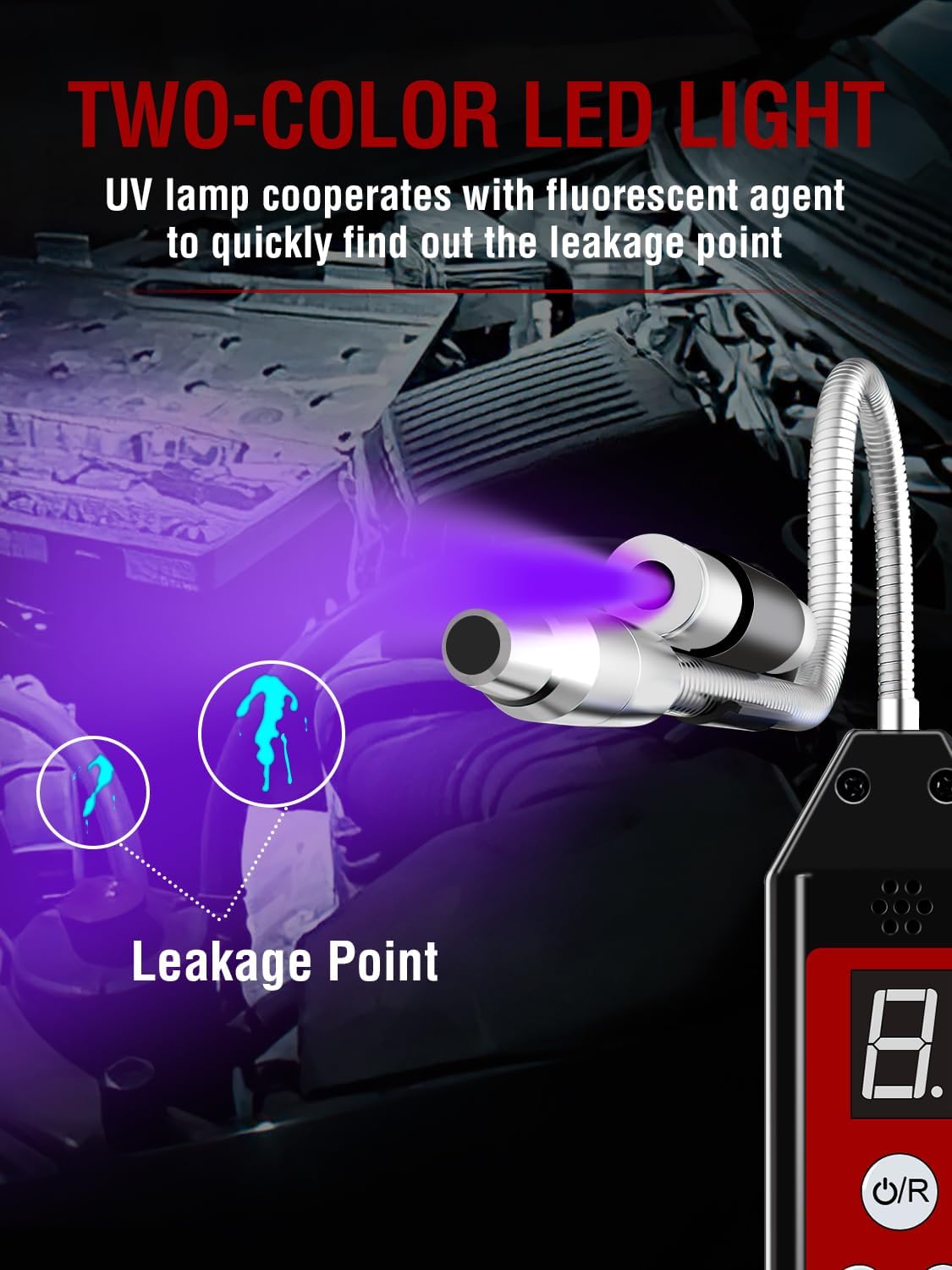 Aprvtio WJL-6000PRO using UV light to detect a leak indicated by a glowing fluorescent agent.