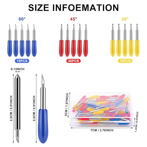 Miniatura 2 de 60 cuchillas de repuesto para Cricut Explore Air 2 Air 3 Maker, incluyendo 15 cuchillas de punta fina de 30°, 30 cuchillas estándar de 45°, 15
