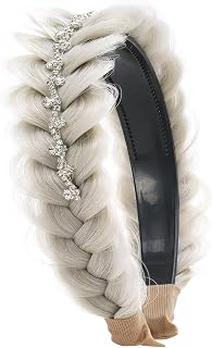 Wide Messy Braided Headband with Teeth Synthetic Braided Headband Twisted Braid Fishtail with Crystal Embellishments Accessories for Girl and Women, White Grey