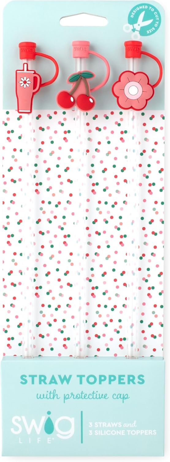 Swig Straw Toppers Set, 3 Reusable Straws with 3 Silicone Covers, Cover Cap with Customizable Length, Compatible with 40oz Tumblers, Tumbler Accessories (Cherry Pie) - Image 2