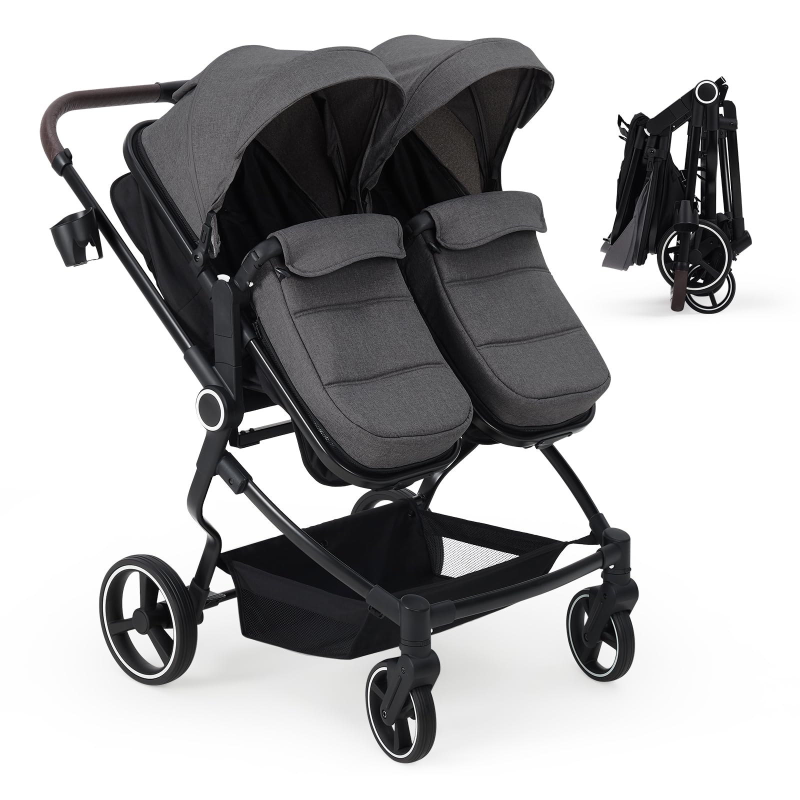 Side by Side Double Stroller for Twins, Lightweight Compact Foldable Baby Travel Stroller with High Landscape Seat, Adjustable Canopy & Recline for Infant and Toddler, Dark Grey