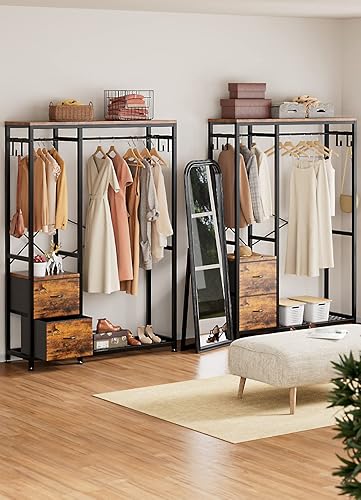 Miniatura 7 de Lulive Perchero de ropa resistente para colgar ropa, estantes de ropa industrial con estantes, 2 cajones de tela, 4 ganchos, 2 varillas para colgar,