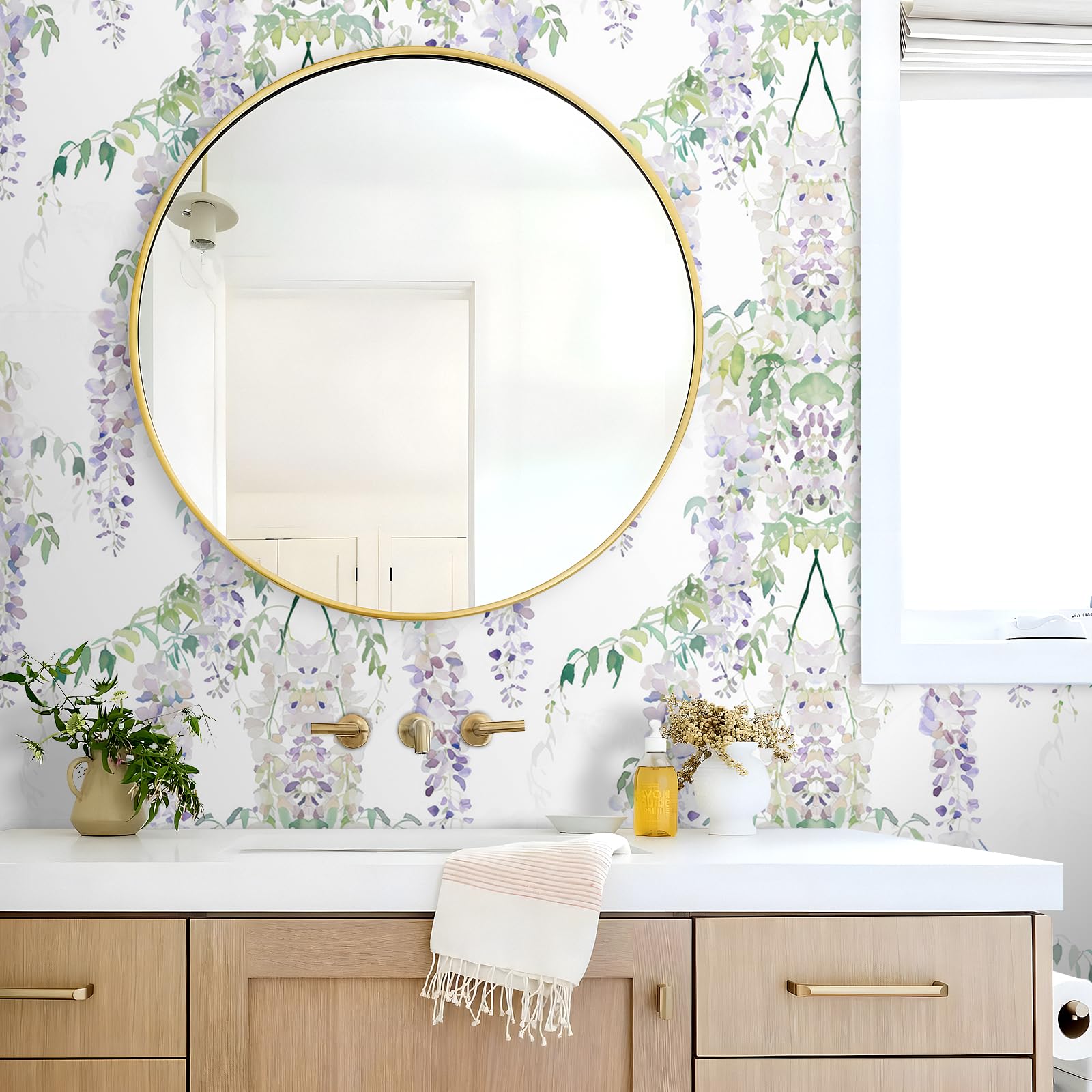 FunStick 44.5CM×9M Papel Pintado Autoadhesivo Pared Dormitorio Papel Adhesivo para Muebles Flores Violeta Lila Vinilo Adhesivo Armario Cocina Impermeable Revestimiento Pared Salon Flores Púrpura Claro