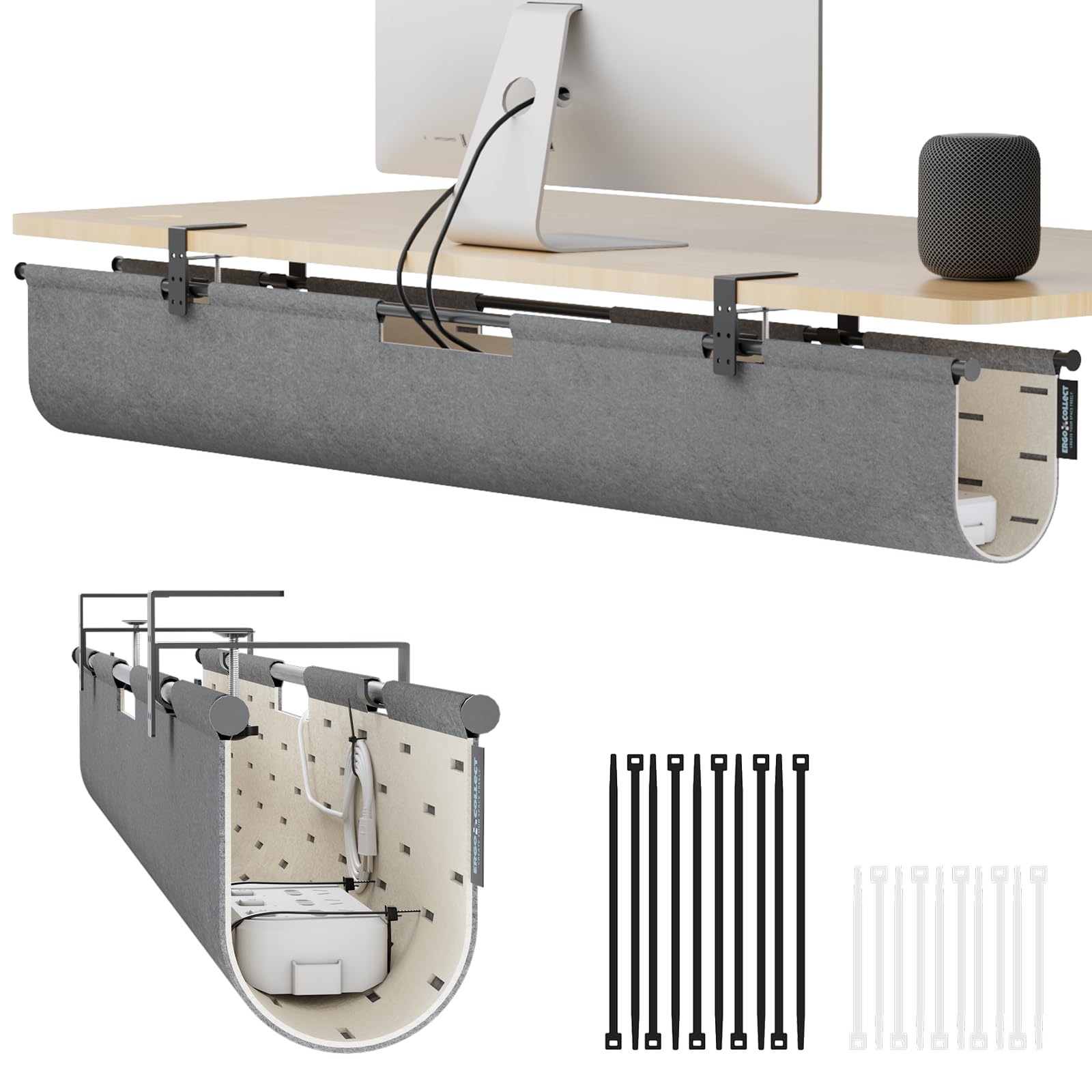 ERGO COLLECT Under Desk Cable Management,No Drill Standing Desk Wire Management,Felt Cord Organizer Tray For Office, Home (Gray/Khaki, 45.3")