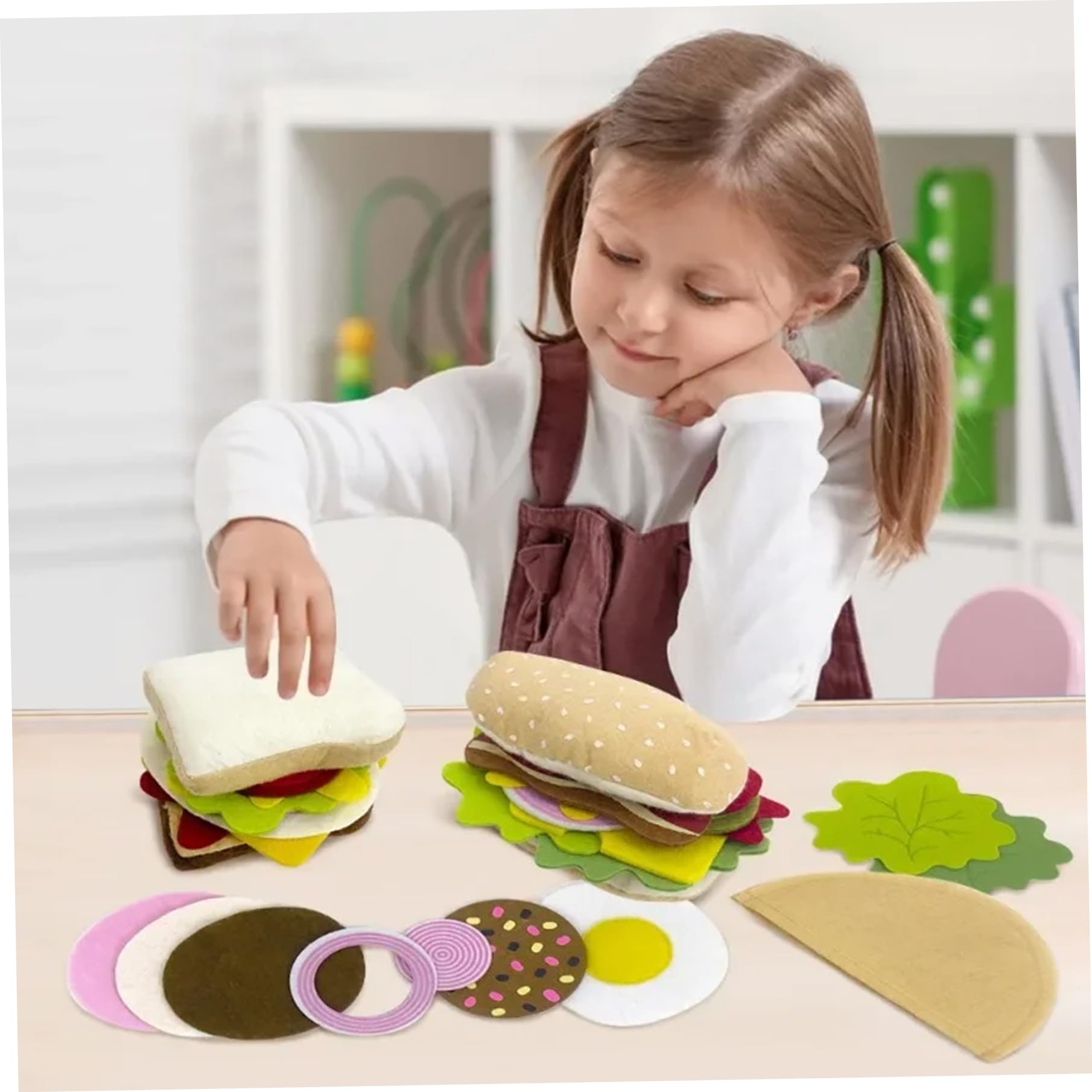 Felt Play Food, 28 pezzi/set Felt Play Food Hamburger Sandwich Giocattolo impilabile con bistecca di manzo Verdure Finta per la cucina dei bambini