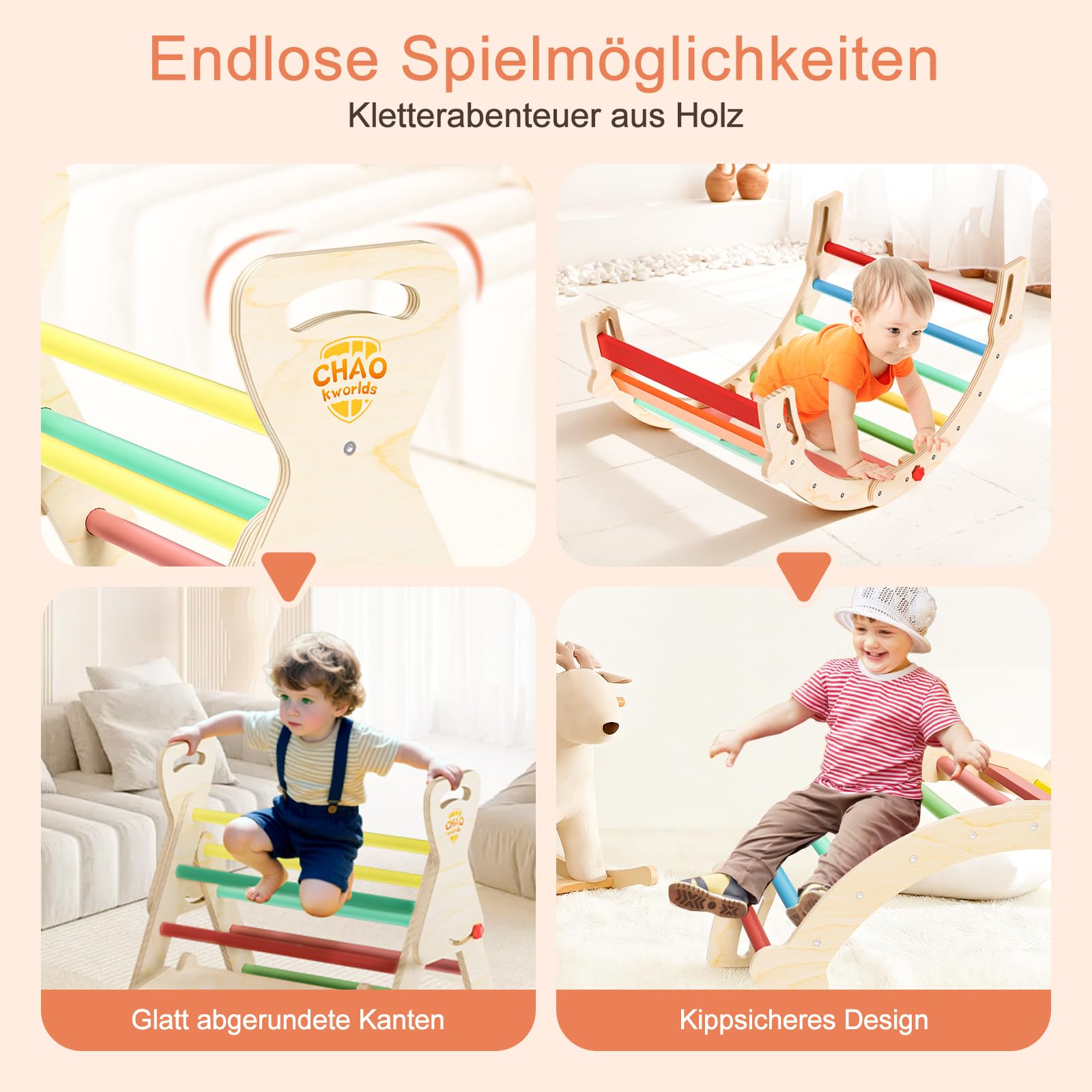 Pikler Dreieck 8-in-1 klappbar, Montessori Klettergerüst Indoor aus Holz mit Rutsche, Kletterbogen und Rampe für Kinder 1–6 Jahre stabil und platzsparend, Regenbogenfarben