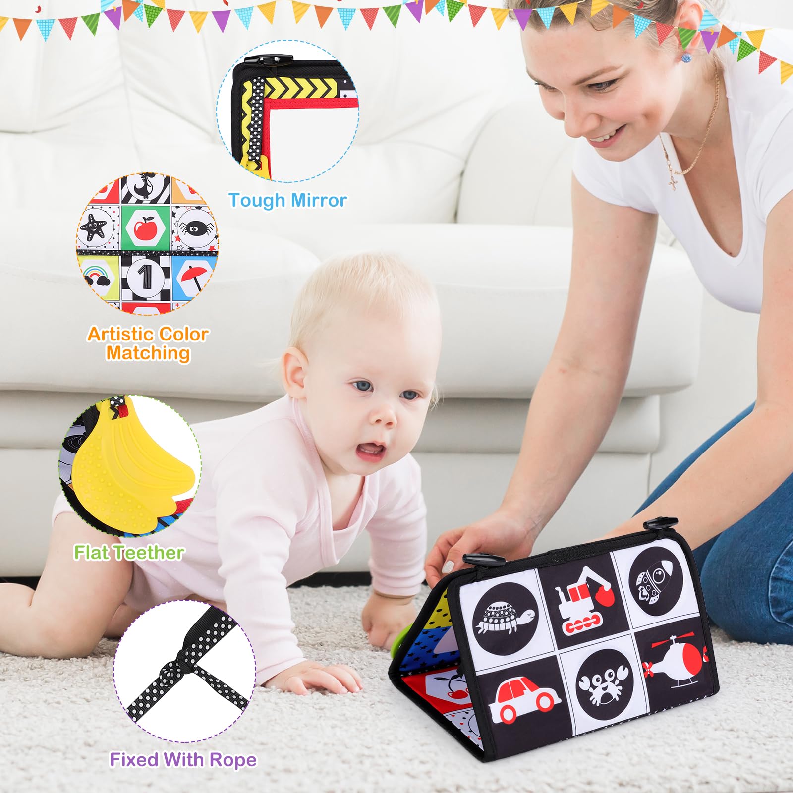 Sarsumir Miroir Bébé Éveil - Livre Tissu Sensoriel Noir Et Blanc 0-12 Mois Avec Anneaux Dentition Et Miroir Pliable