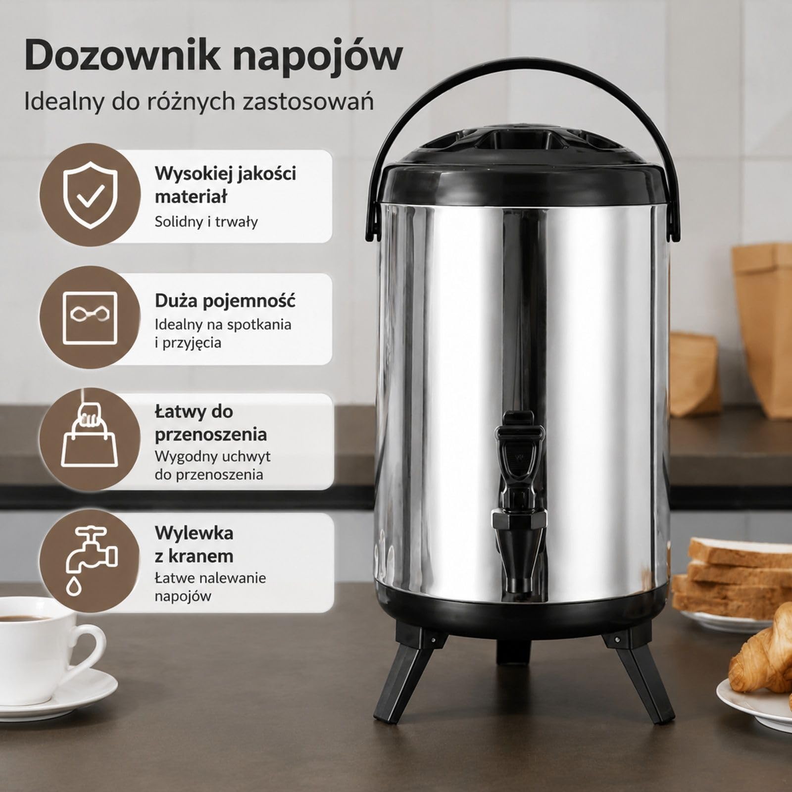 Izolowany dozownik napojów 7,6 L, dzbanek ze stali nierdzewnej z kranem i uchwytem do kawy wody soku kawiarni barów