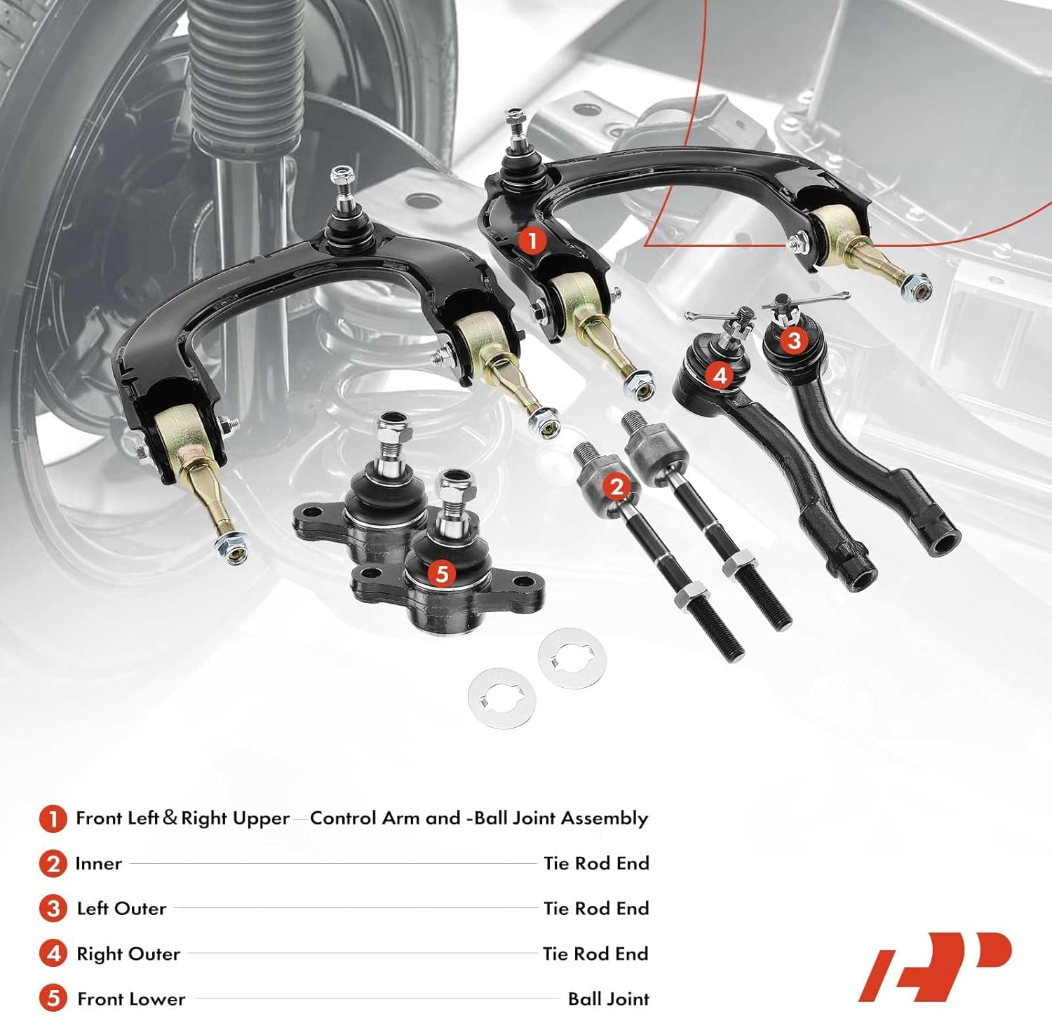 A-Premium Set of 8, Front Upper Control Arm, Lower Ball Joint, Inner & Outer Tie Rod End, Compatible with Hyundai Sonata 1999-2005, XG350 2002-2005, XG300 2001