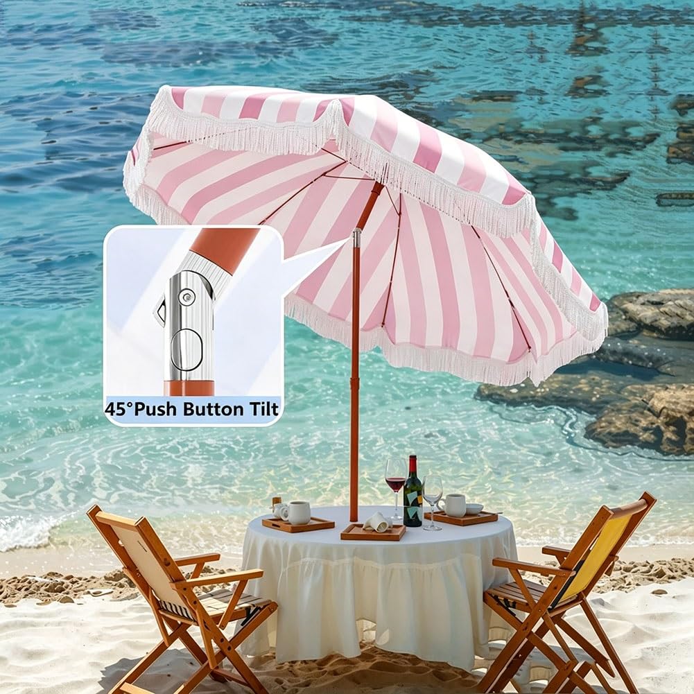 200 cm Parasol Plażowy Boho w Paski z Frędzlami, Przenośny Parasol Ogrodowy z Nachylenia o 45° UPF 50+ do na Basen, Kemping i Pikniki