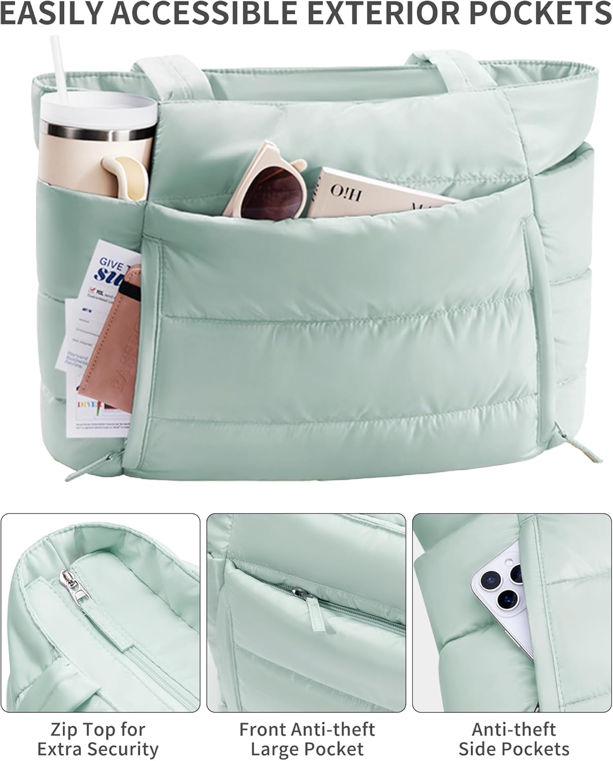 Puffer Tote Bag for Women, Lightweight Puffy Work Handbag Teacher Nurse Quilted Shoulder Bag for School Travel Gym | Cloud Bag w/ Zipper, Daily College Bags, 15.6" Computer Bag, Clinical Nursing Bag, 40 OZ Tumbler Holder, Ideal Gift for Women - Image 5