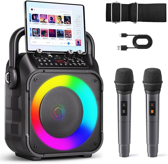 Machine de Karaoké pour adultes Enfants, Haut-parleur Bluetooth portable avec 2 Microphones sans fil avec lumières, PA Système de soutien des partis d'origine USB/TF/REC/FM/AUX(Aucun écran inclus)