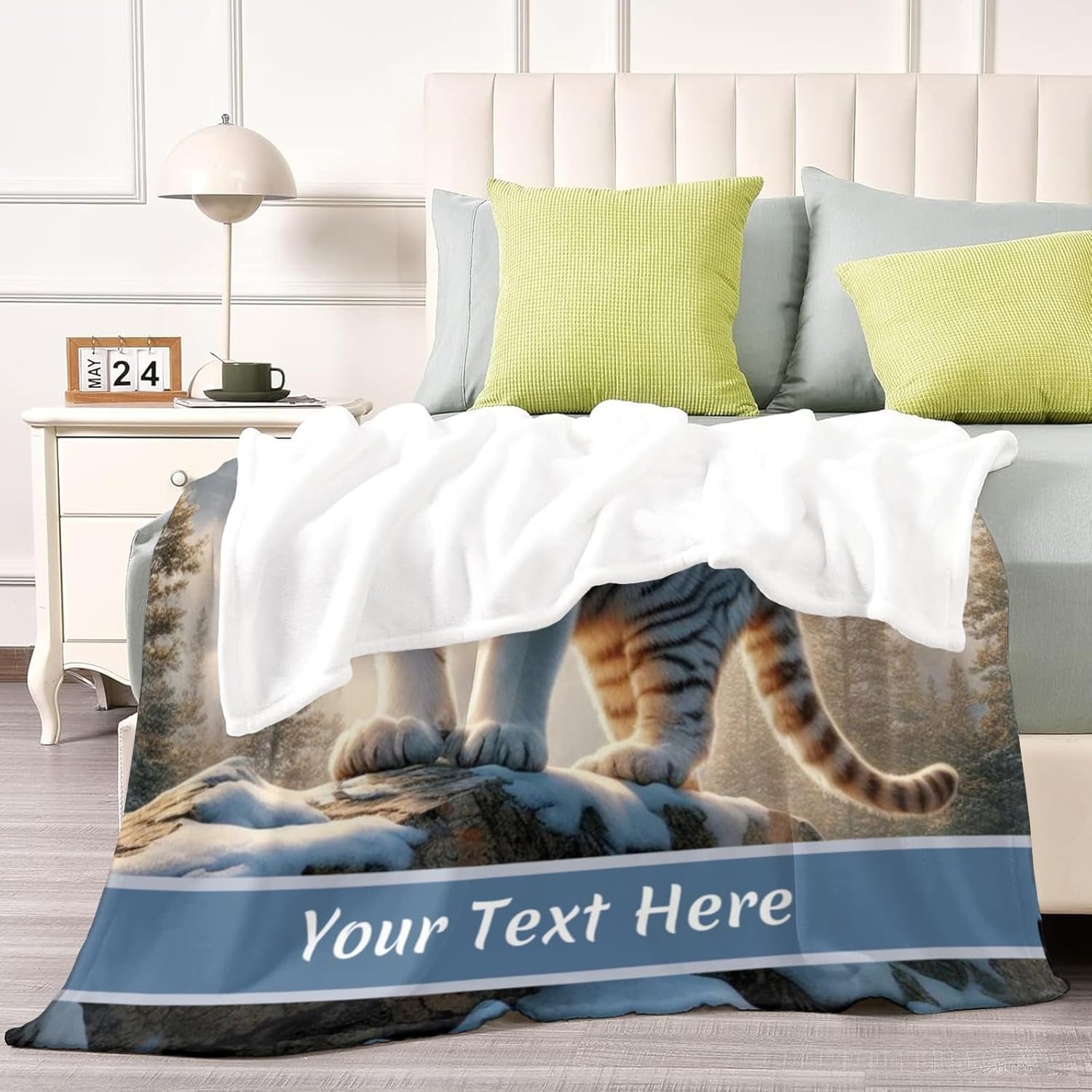 Customized White Tiger Blanket, Personalized Throw Blanket for Couch Sofa Bed, Soft Warm Fuzzy Cozy, 60"" x 80""